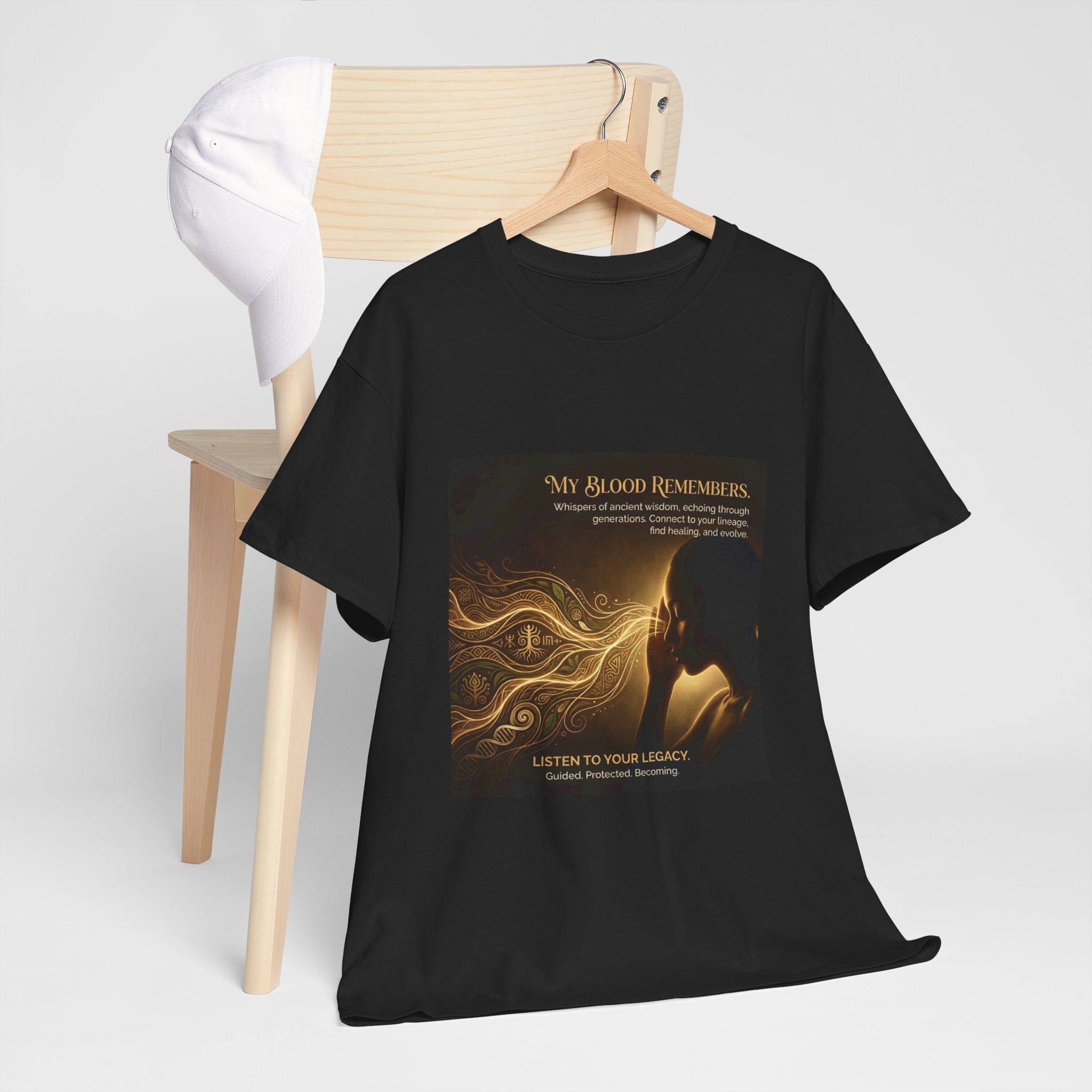 Inspirational My Blood Remembers graphic t-shirt by Printify featuring ancestral wisdom design on a casual tee.