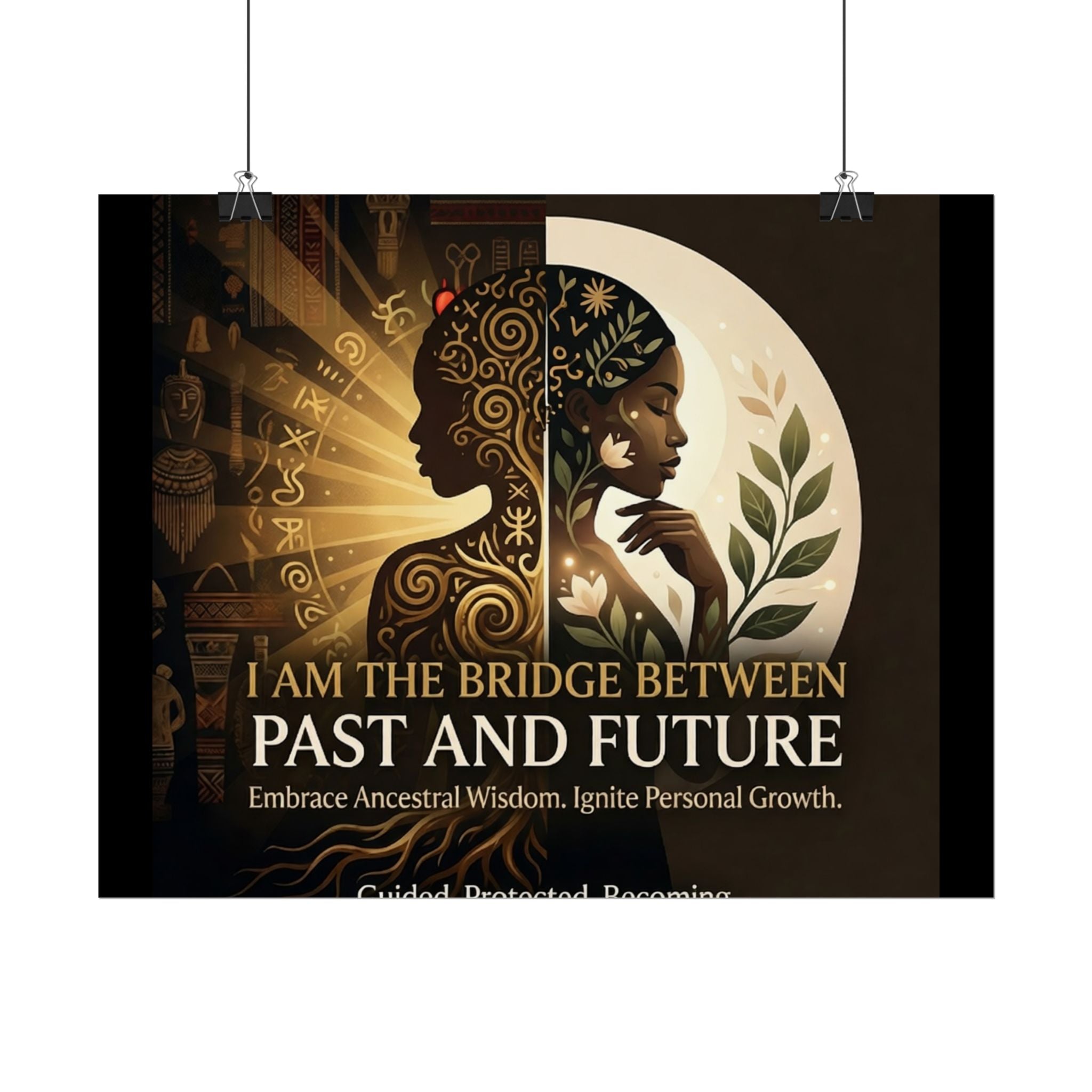 Inspirational rolled poster featuring ancestral wisdom with the phrase "I Am the Bridge Between Past and Future" by Printify.