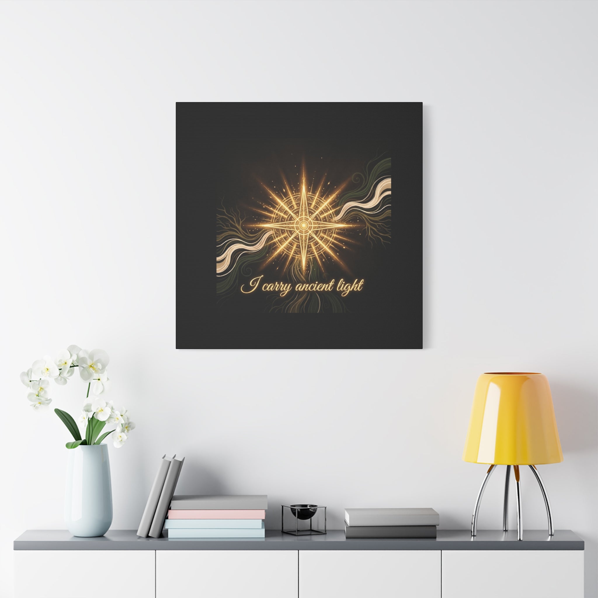 Matte canvas wall art titled "I Carry Ancient Light" featuring a golden compass design, by Printify, ideal for home decor.