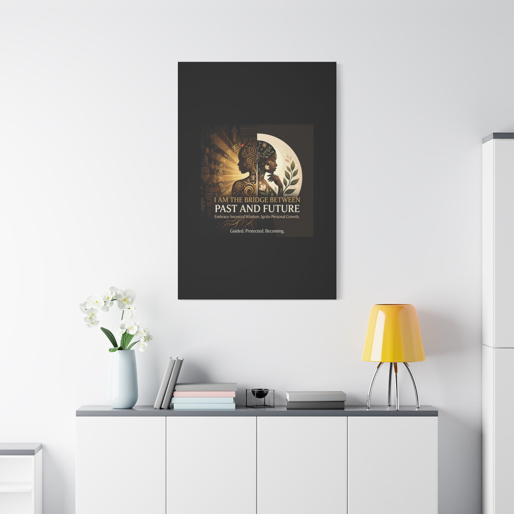 Canvas wall art titled "I Am the Bridge Between Past and Future" by Printify featuring abstract design and vibrant colors.