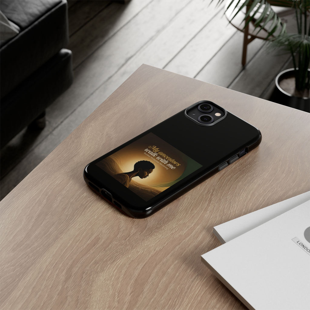 Black phone case with inspirational text and heritage design, protective cover for smartphones, by Printify.