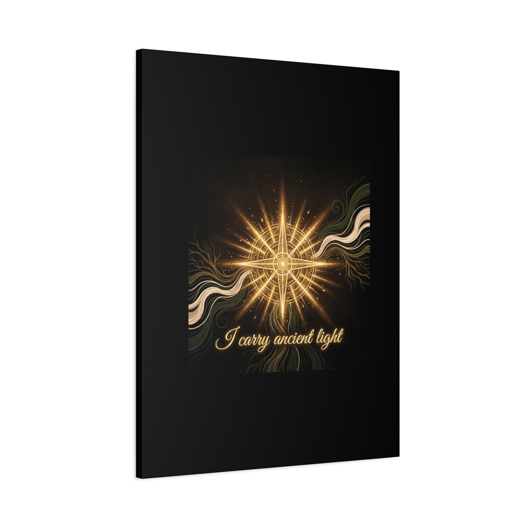 Matte canvas wall art titled "I Carry Ancient Light" featuring a golden compass design, ideal for home or office decor.