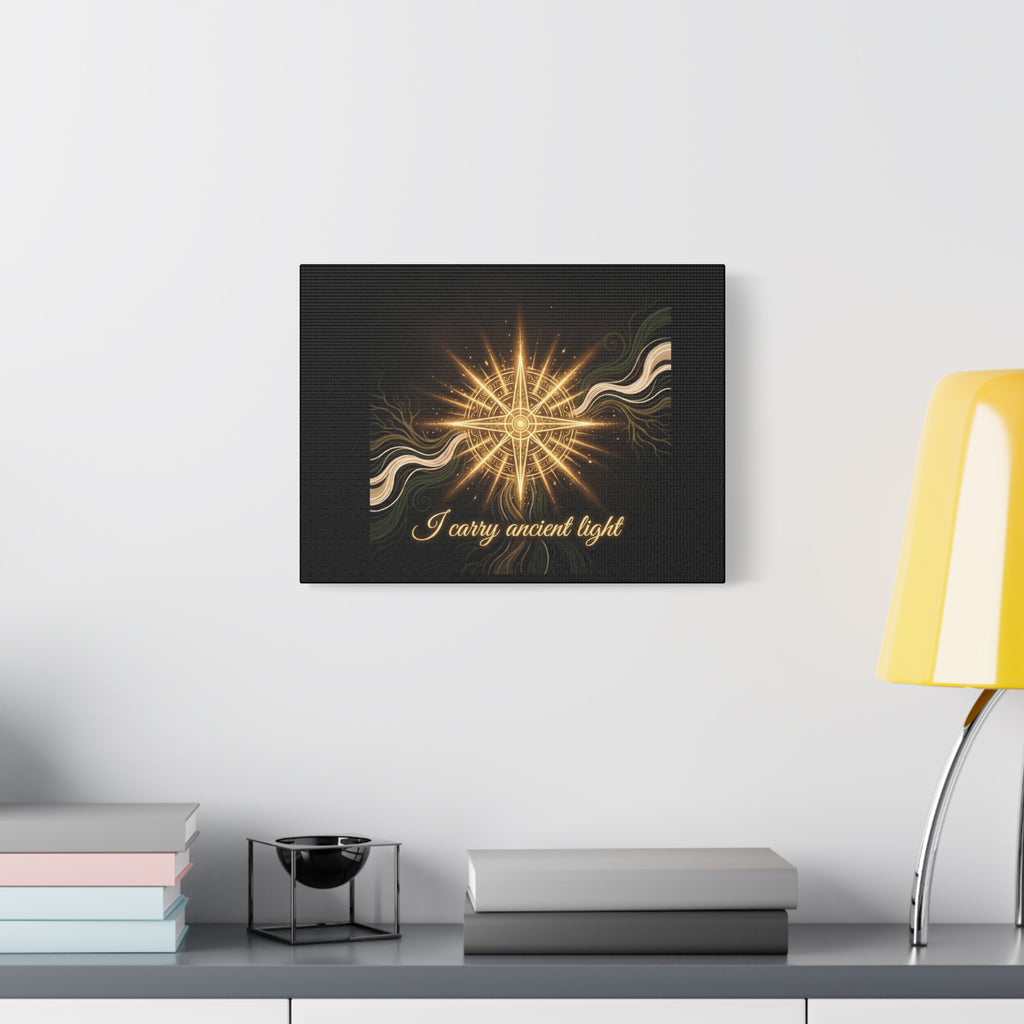 Matte canvas wall art featuring a golden compass design titled "I Carry Ancient Light" by Printify for home decor.