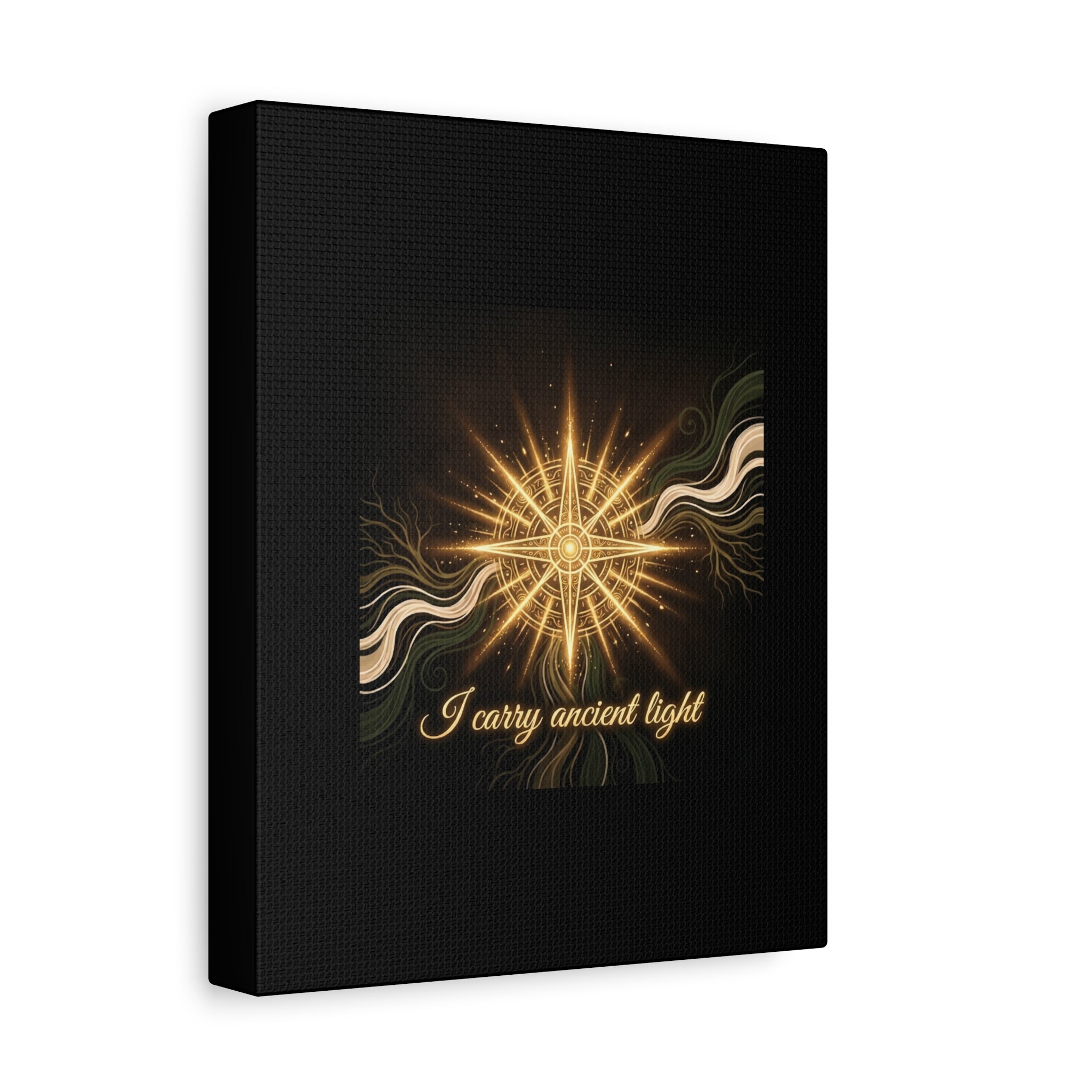 Matte canvas wall art titled "I Carry Ancient Light" featuring a golden compass design, ideal for decorative wall decor.