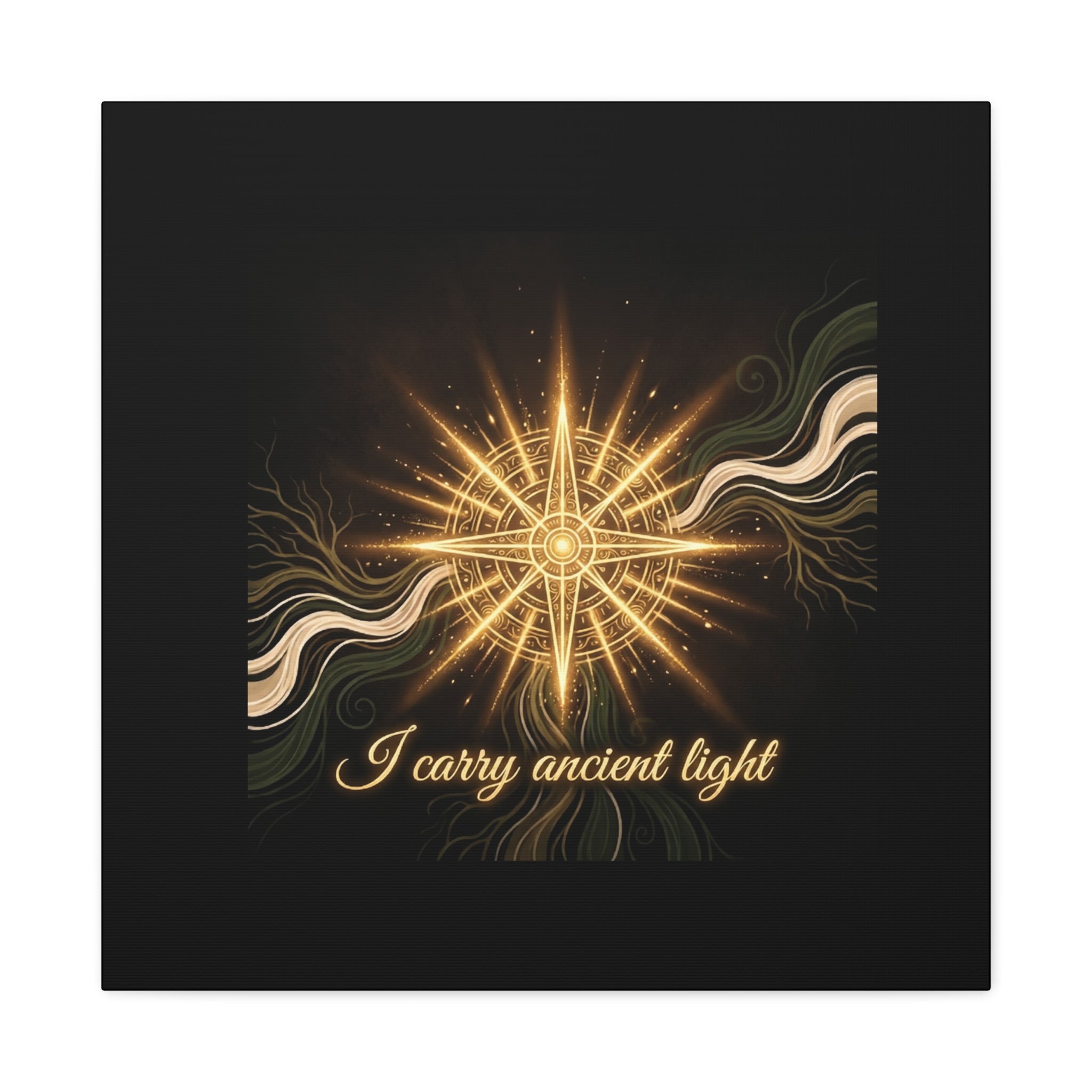 Matte canvas wall art titled "I Carry Ancient Light" featuring a golden compass design, ideal for wall decor in modern interiors.