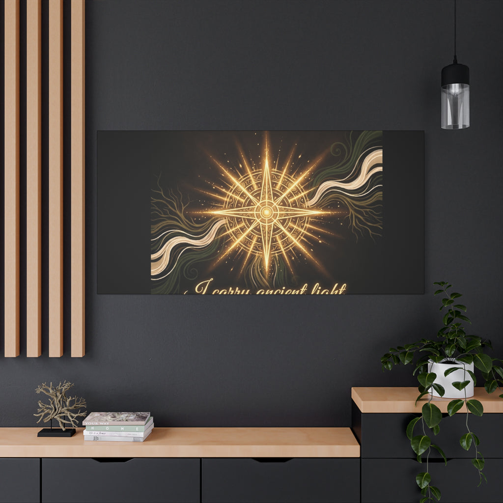 Matte canvas wall art titled "I Carry Ancient Light" featuring a golden compass design, by Printify.