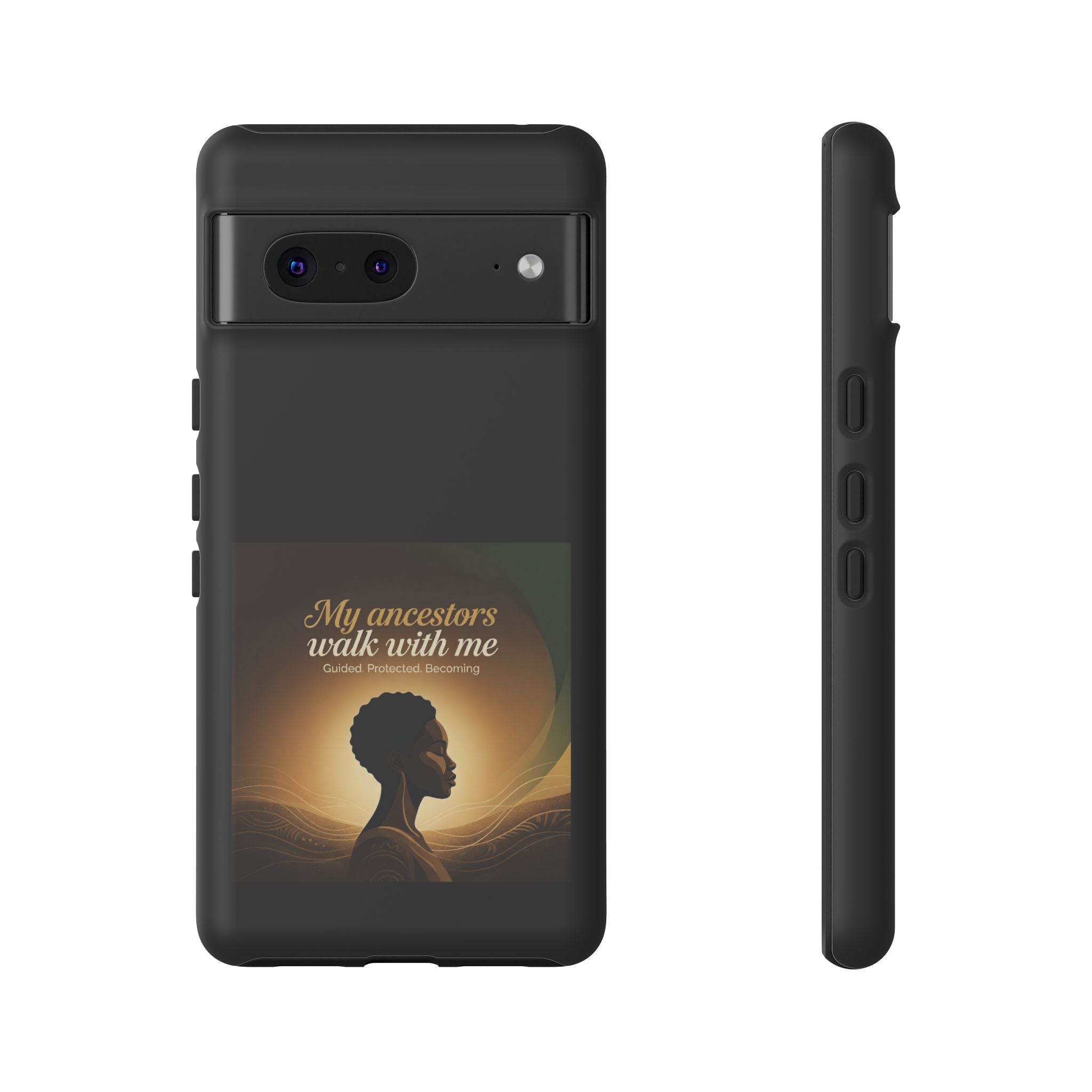 Black heritage phone case with inspirational quote design, protective cover for smartphones, by Printify.
