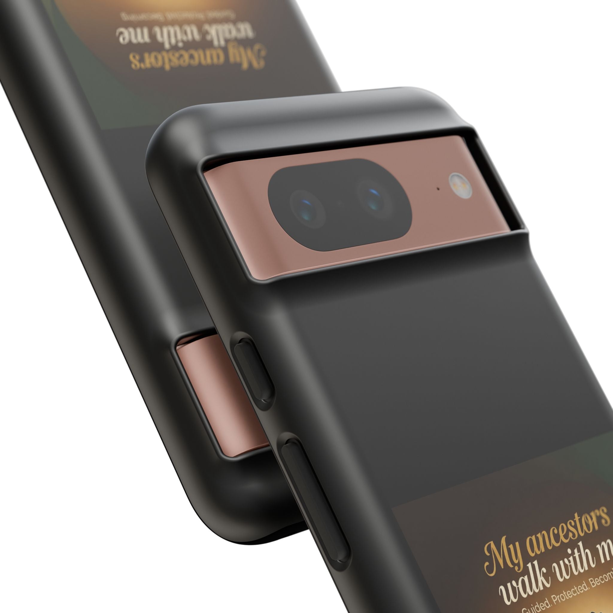 Black phone case with inspirational message, honoring ancestors and Black heritage, designed for protection and style.
