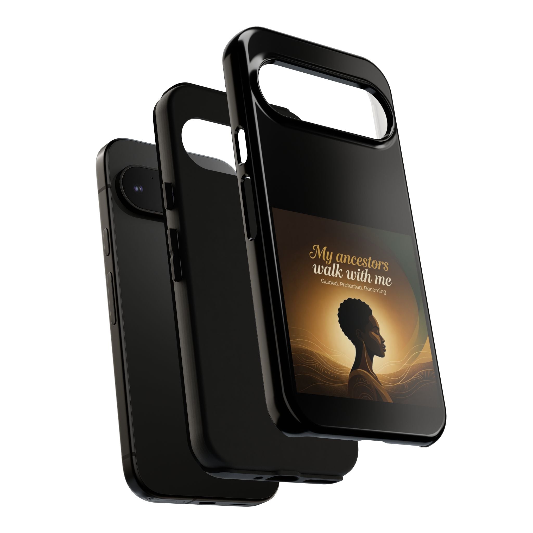 Black heritage-themed phone case with inspiring message, designed for protection and style on a smartphone.