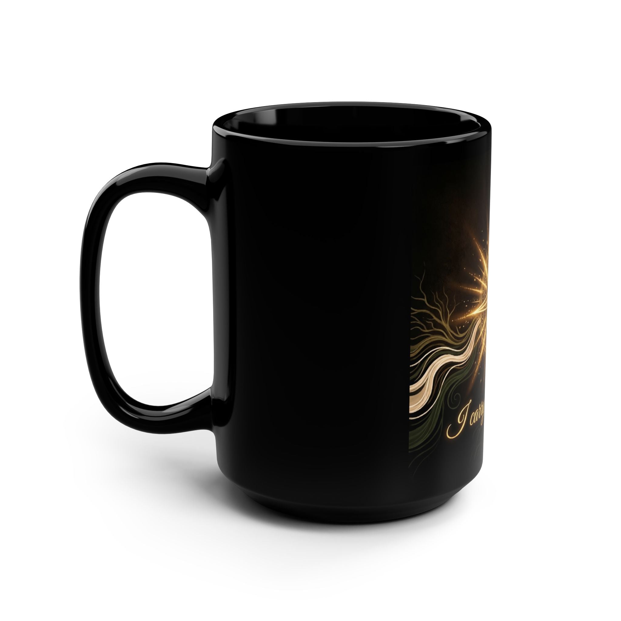 15oz Black Mug — "I Carry Ancient Light" Golden Compass Spiritual Coffee Cup - Ancestors In My Ear 