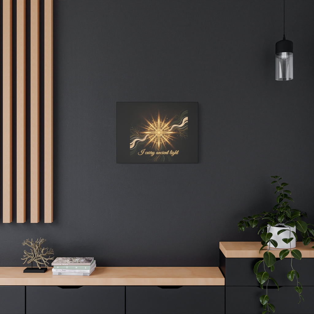 Matte canvas wall art featuring a golden compass design titled "I Carry Ancient Light" by Printify.