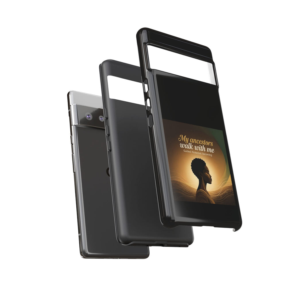 Black phone case with inspirational message and African heritage design for iPhone, protective cover by Printify.
