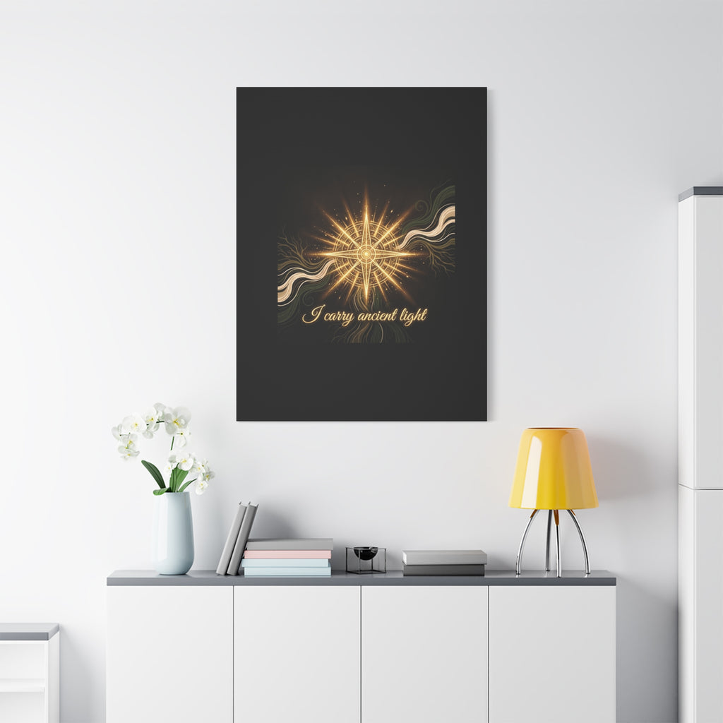 Matte canvas wall art titled "I Carry Ancient Light" featuring a golden compass design, suitable for home decor.