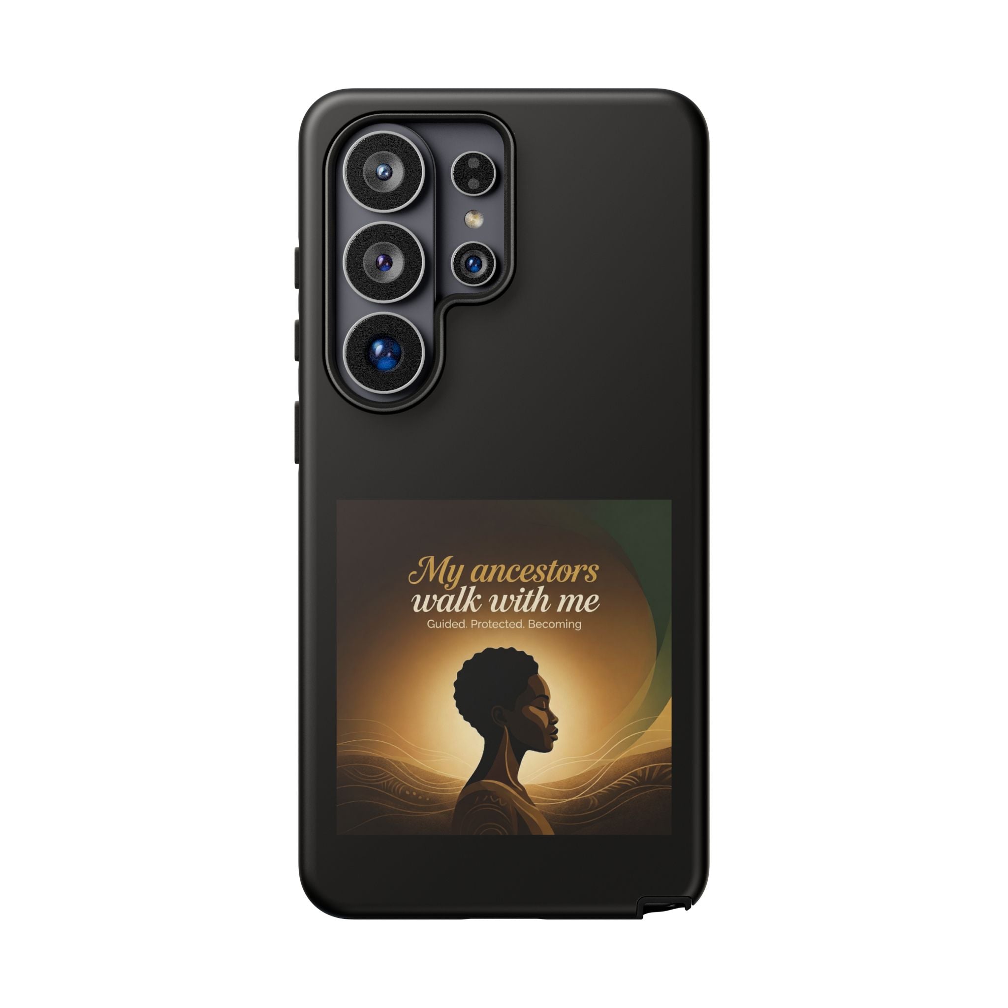 Black phone case with inspirational text honoring ancestors and Black heritage, designed for protection and style.