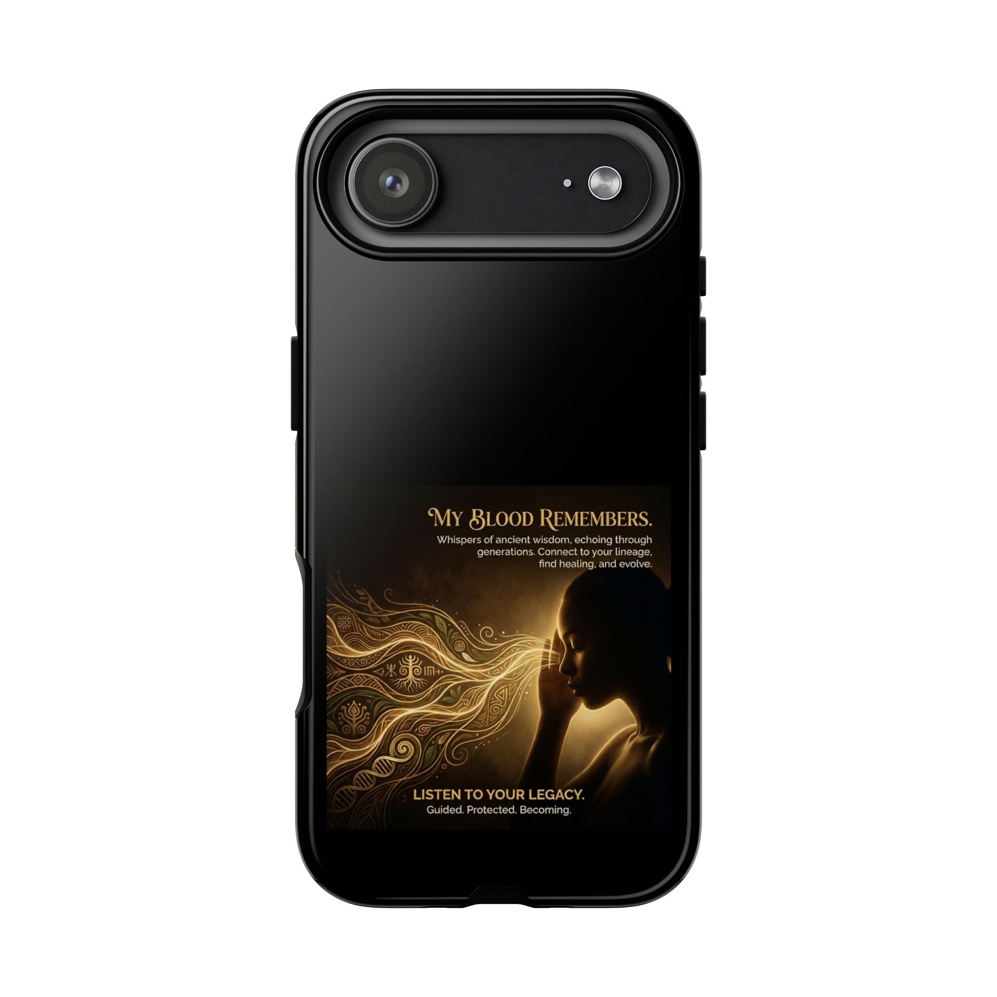Inspirational Printify phone case featuring "My Blood Remembers" design with tough protective features.