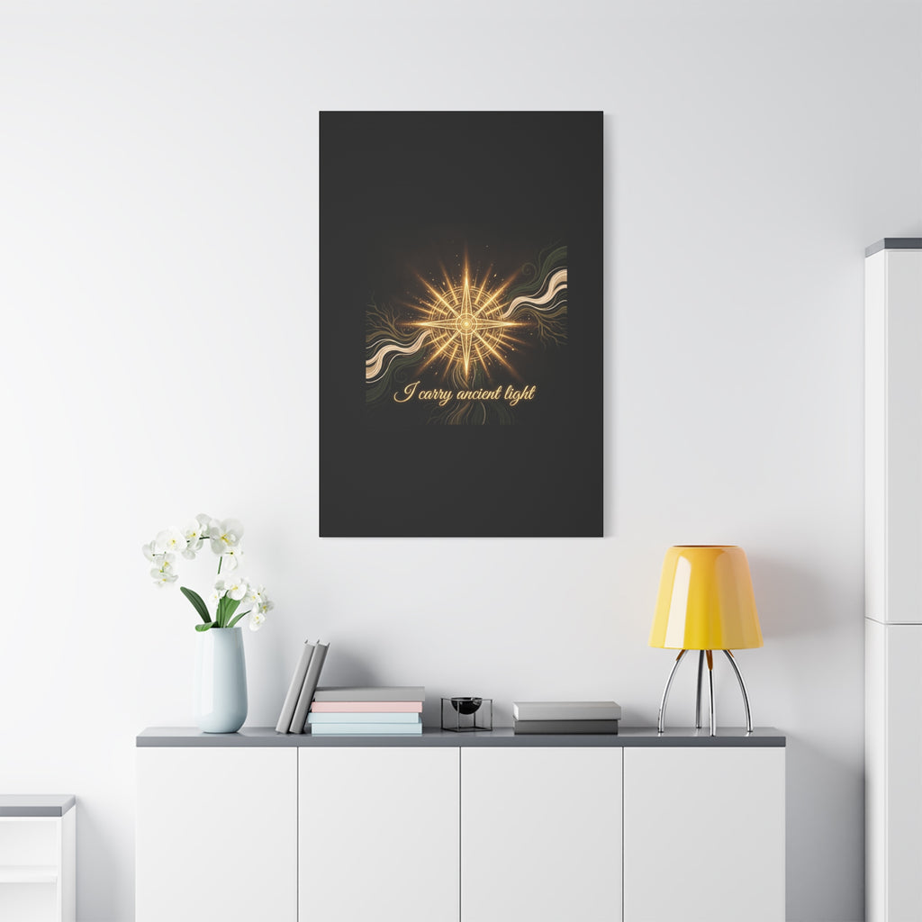 Matte canvas wall art titled "I Carry Ancient Light" featuring a golden compass design, suitable for modern home decor.