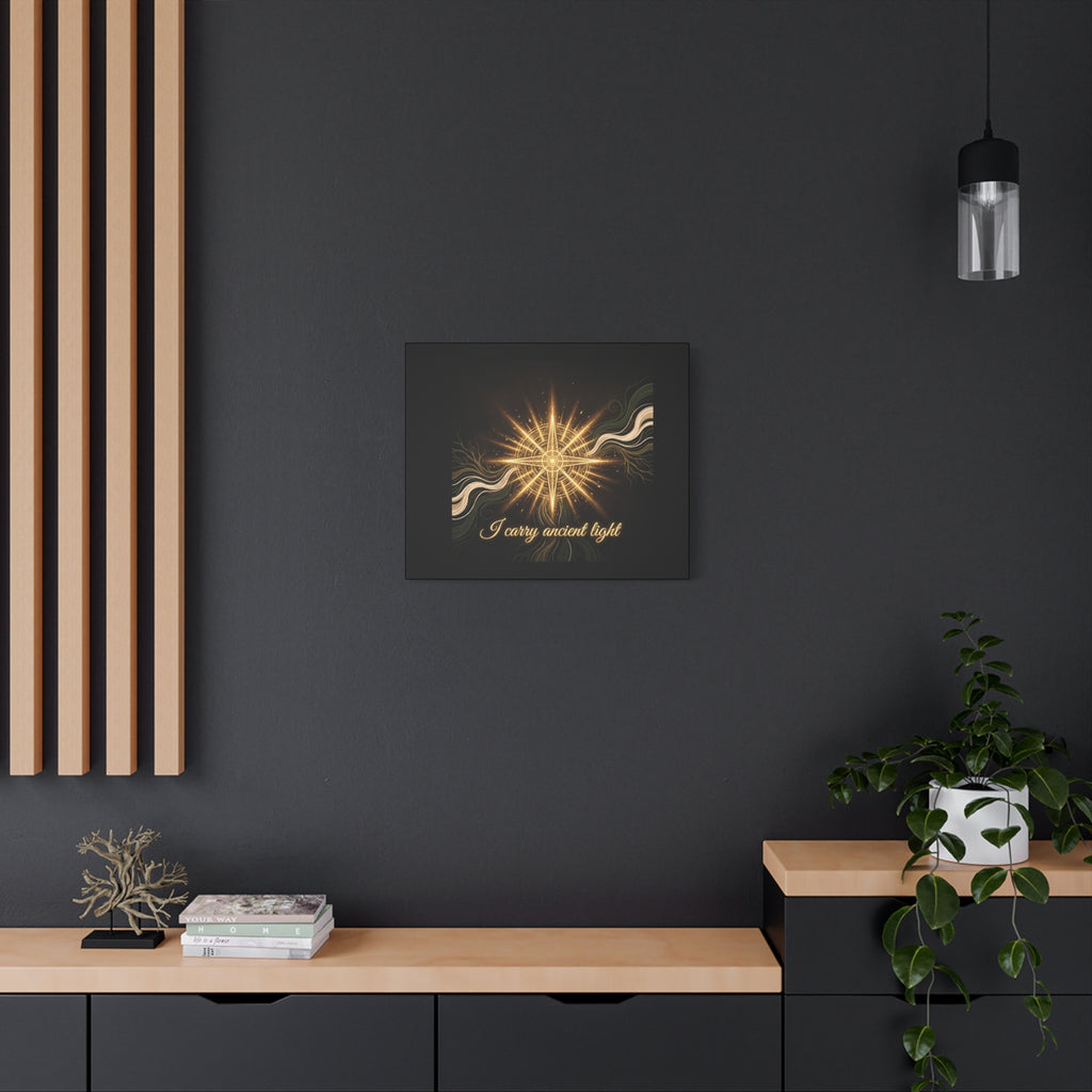 Matte canvas wall art titled "I Carry Ancient Light" featuring a golden compass design, ideal for home or office decor.