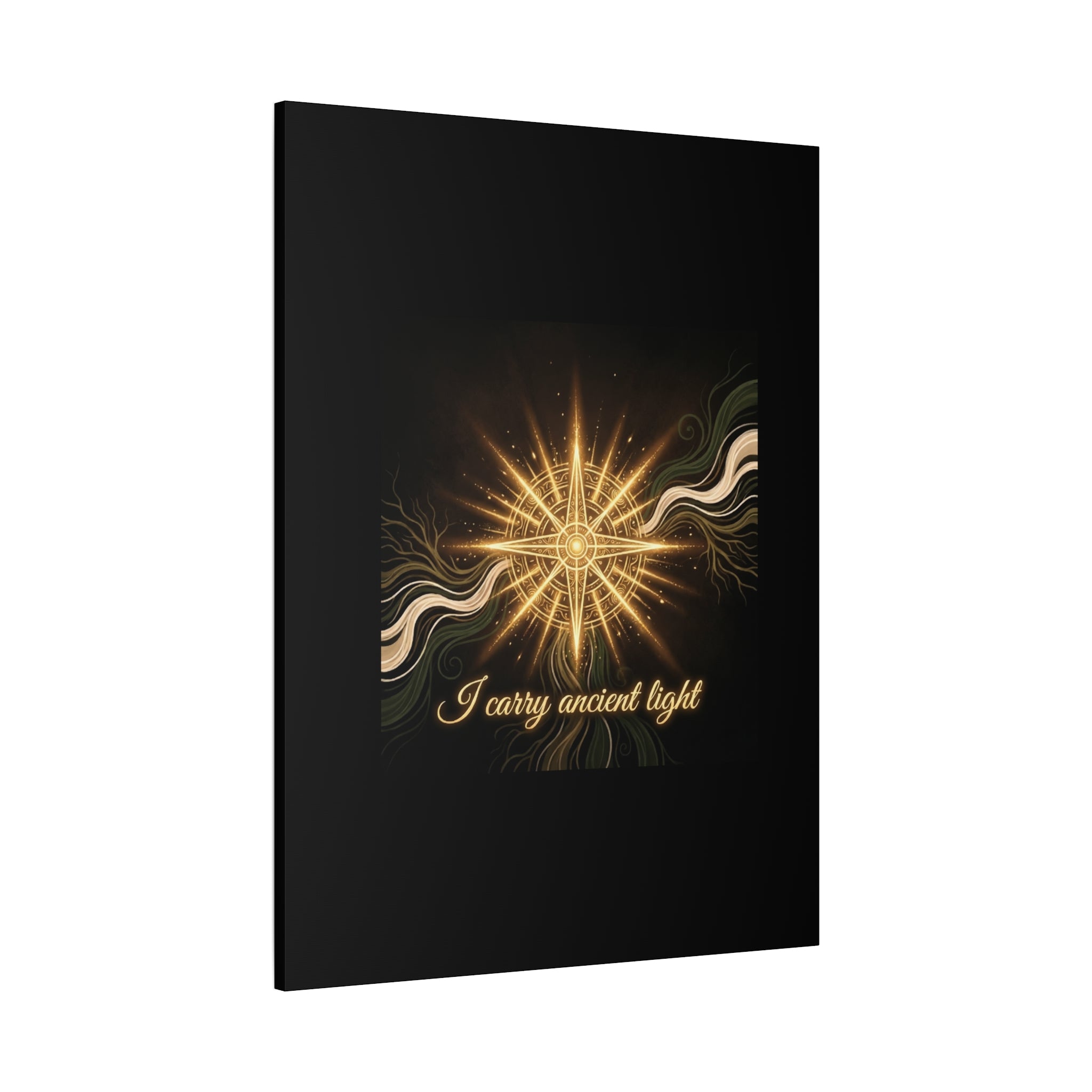 Matte canvas wall art titled "I Carry Ancient Light" featuring a golden compass design, by Printify.