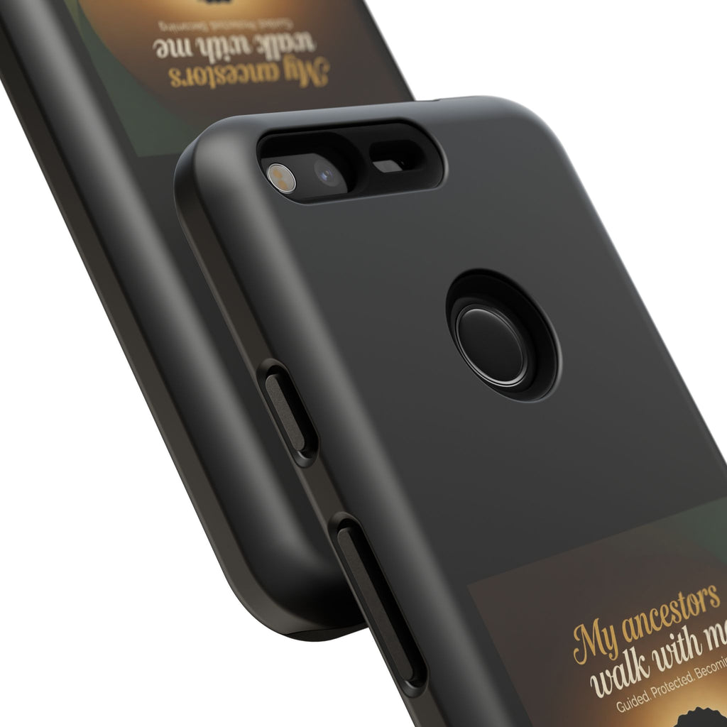 Black phone case with inspirational text honoring heritage, designed for iPhone, featuring a protective cover with meaningful messaging.