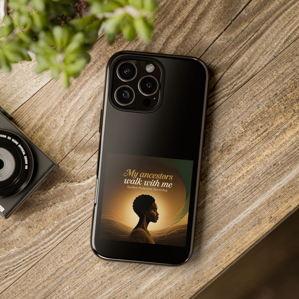 Black heritage phone case with inspirational design, protective cover for smartphone, featuring meaningful motifs and text.