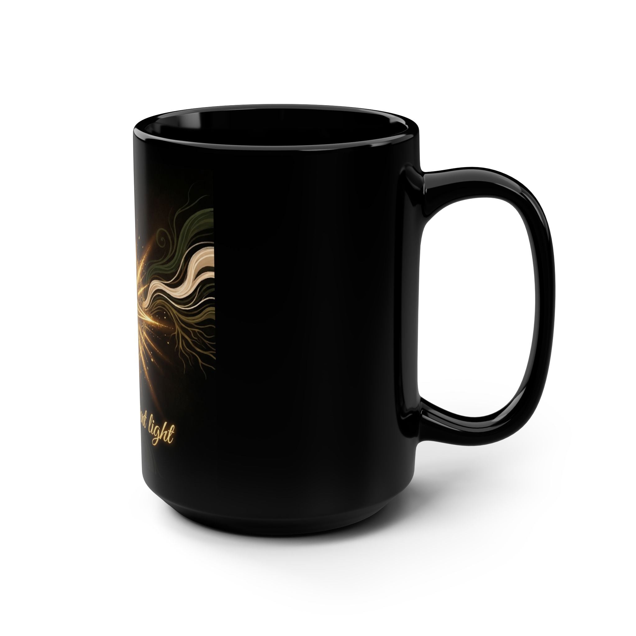 15oz Black Mug — "I Carry Ancient Light" Golden Compass Spiritual Coffee Cup - Ancestors In My Ear 