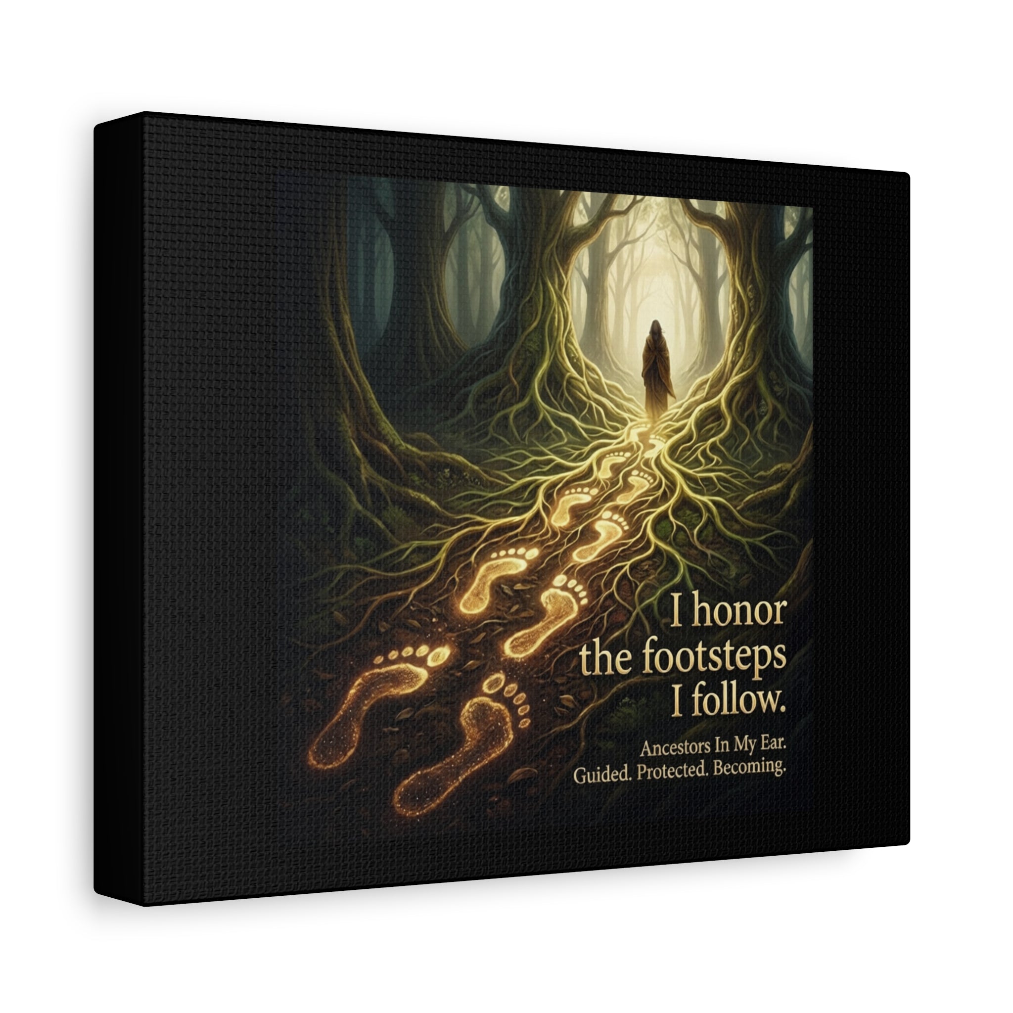 Matte canvas wall art titled "I Honor the Footsteps I Follow" featuring an ancestral forest spiritual print by Printify.