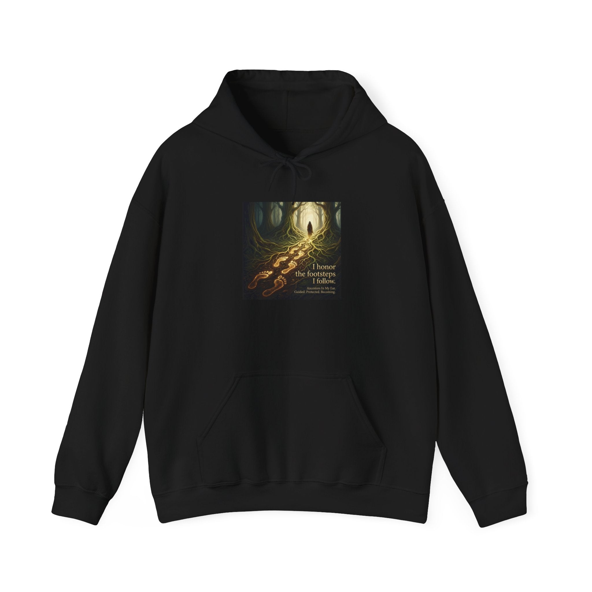 Gray hoodie by Printify featuring a fantasy dragon cave illustration titled "The Scavenger" on front.
