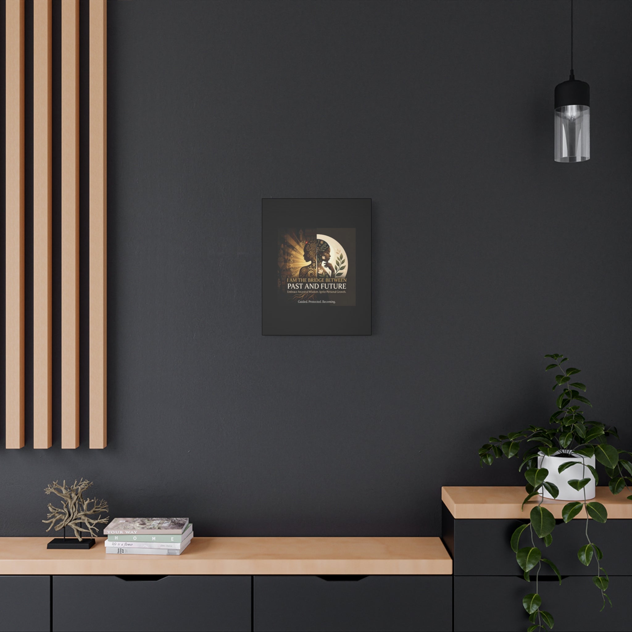 Canvas wall art titled "I Am the Bridge Between Past and Future" by Printify, featuring abstract designs and vibrant colors.