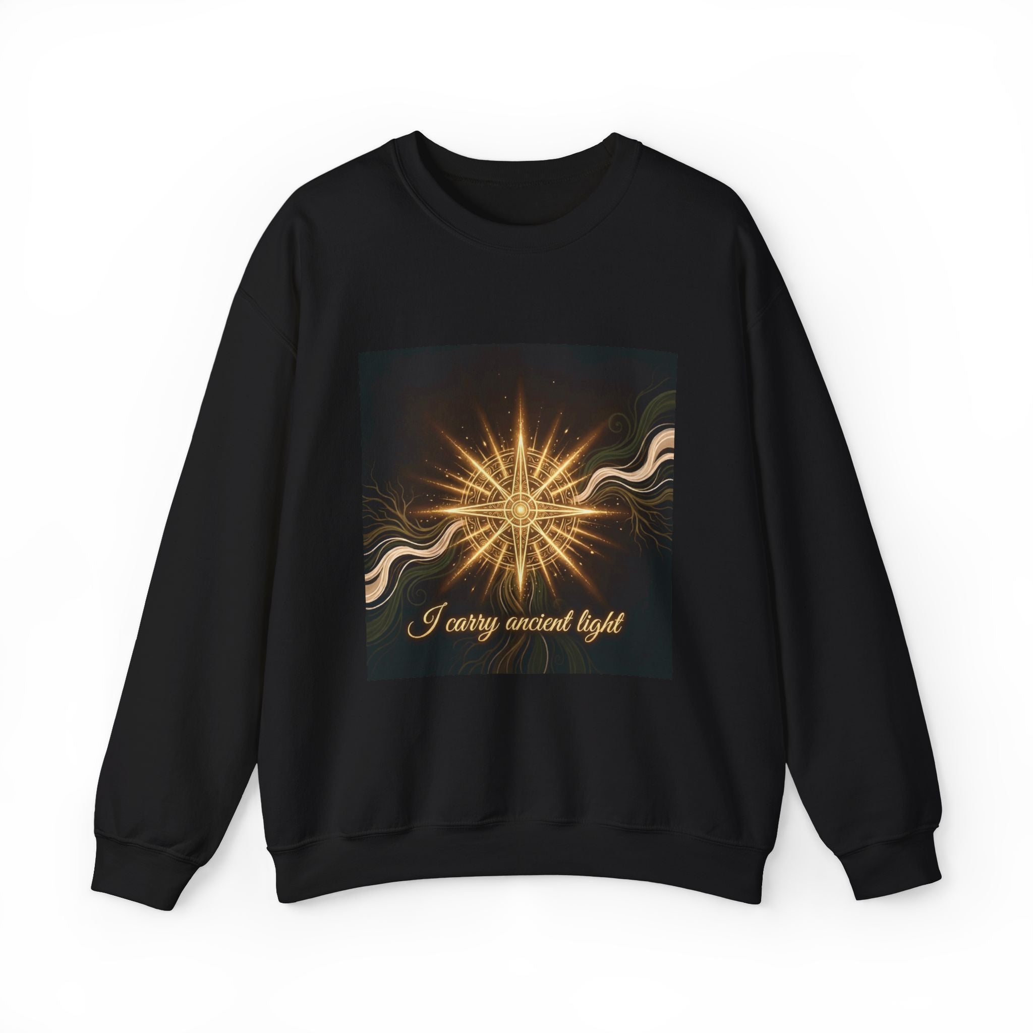 Starburst Graphic Sweatshirt — "I carry ancient light" Spiritual Cosmic Crewneck - Ancestors In My Ear 