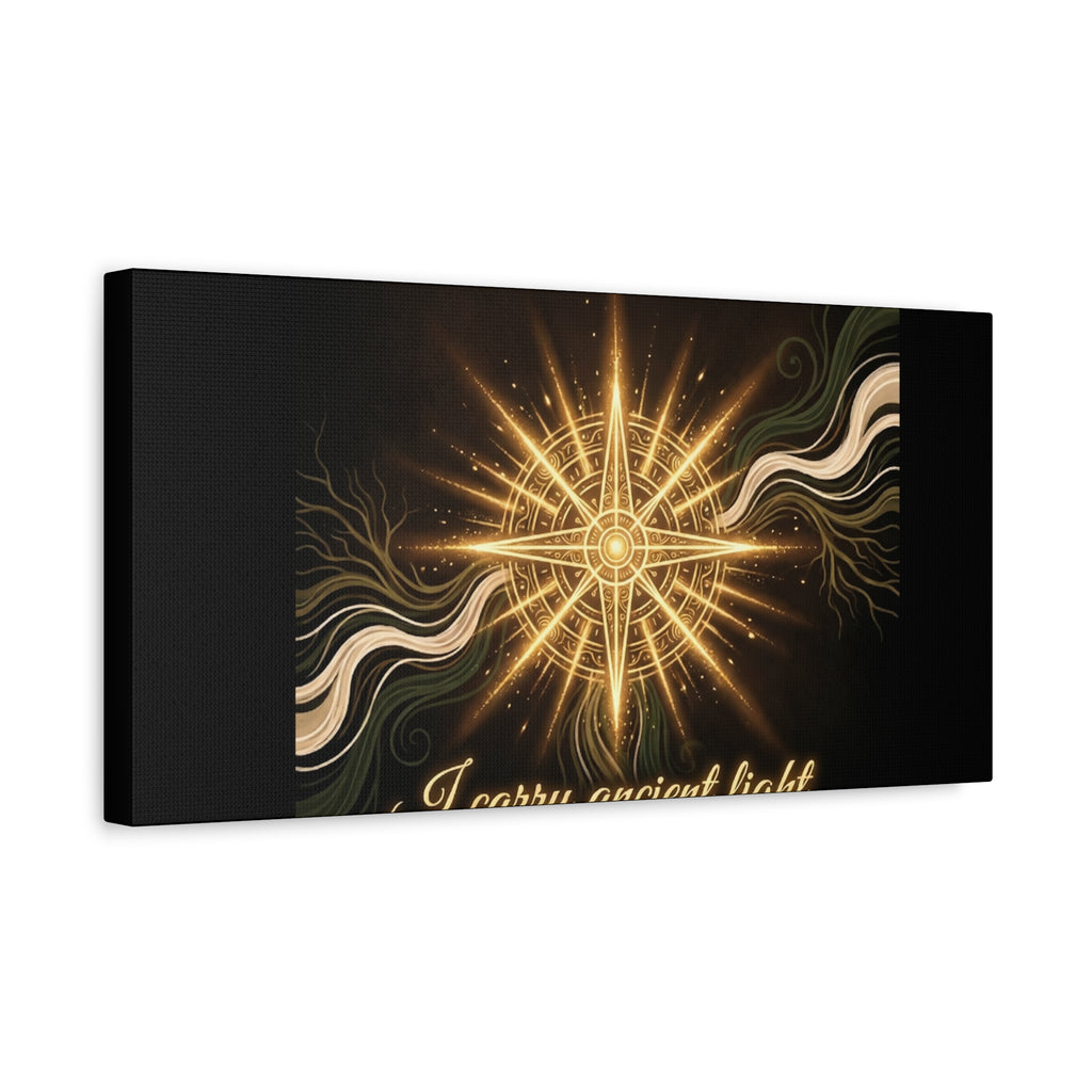 Matte canvas wall art titled "I Carry Ancient Light" featuring a golden compass design, printed by Printify for home decor.