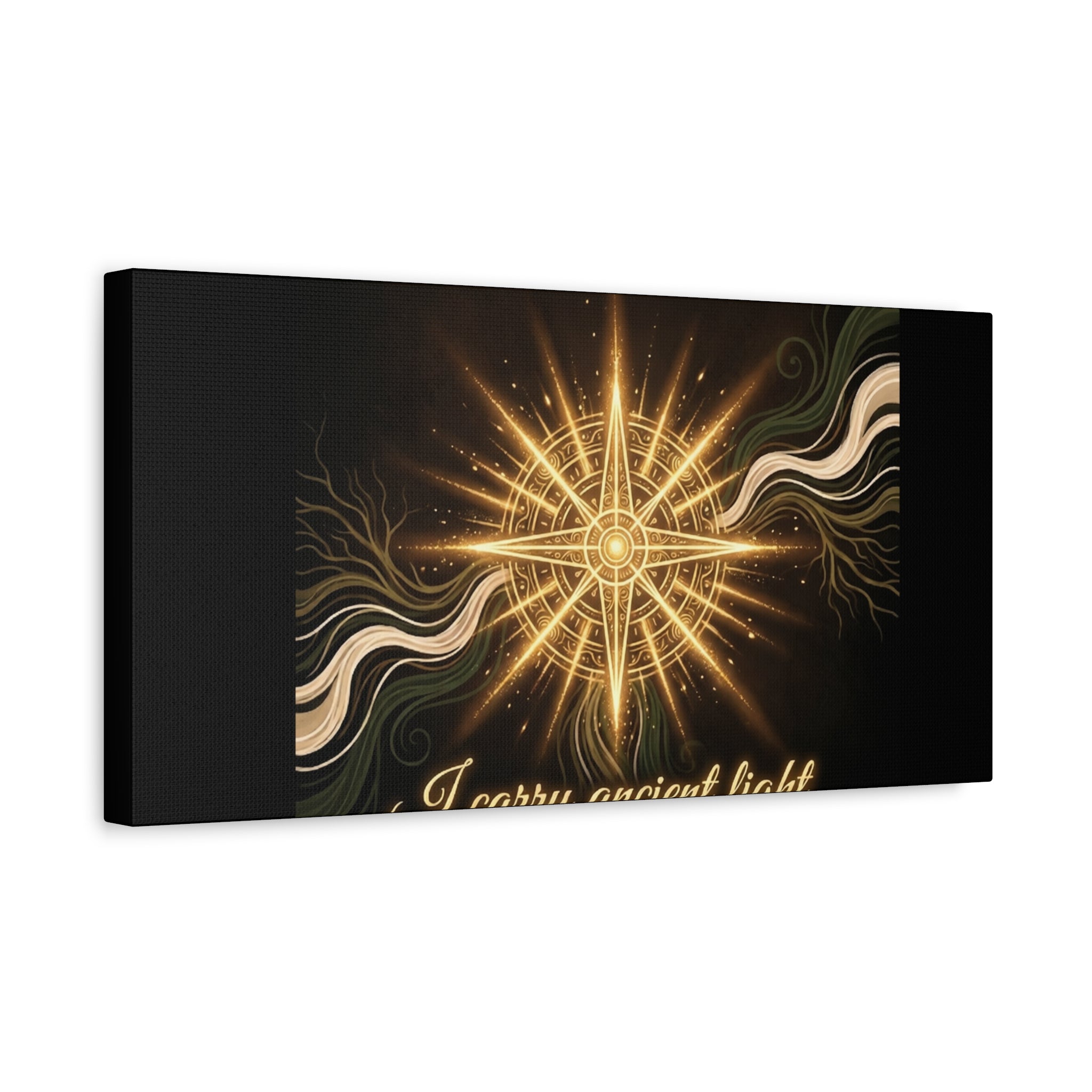 Matte canvas wall art titled "I Carry Ancient Light" featuring a golden compass design, printed by Printify for home decor.