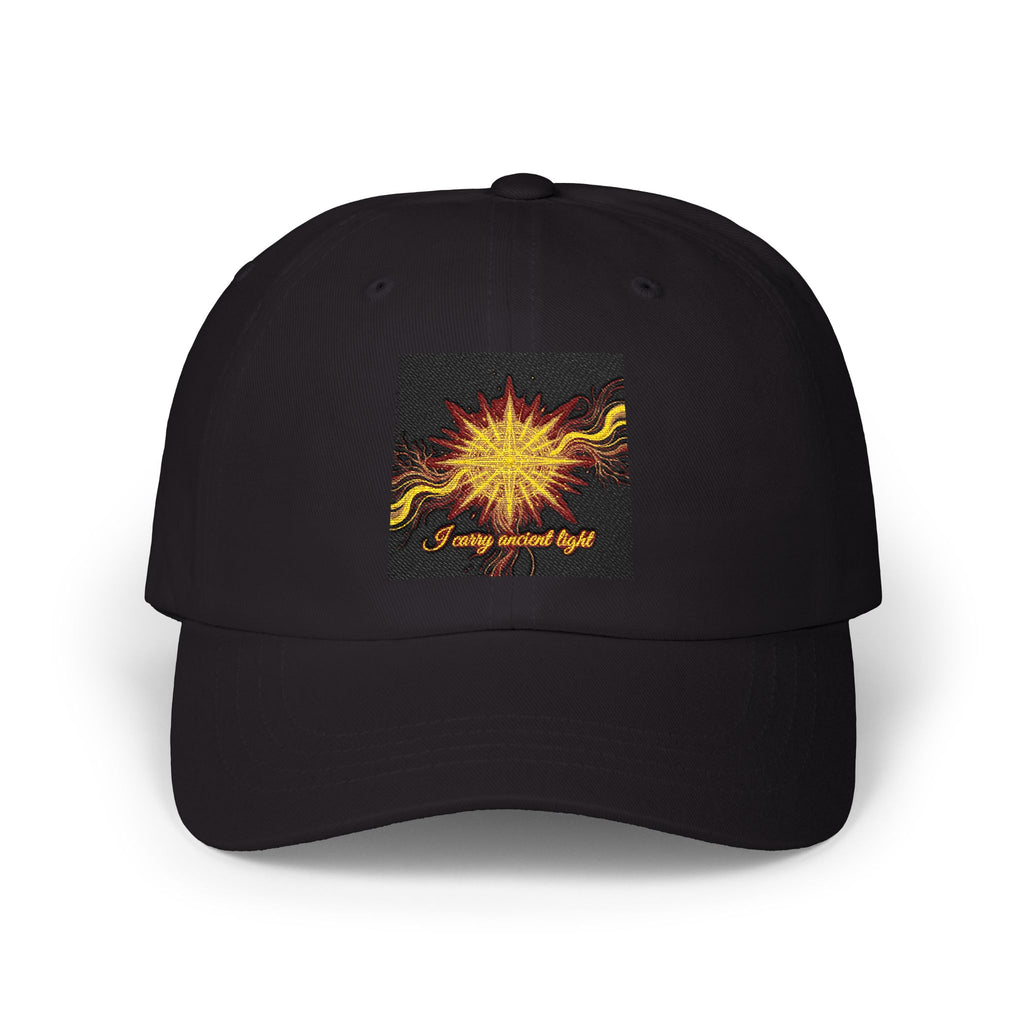 Classic dad cap with sunburst embroidery and 'I Carry Ancient Light' design by Ancestors In My Ear