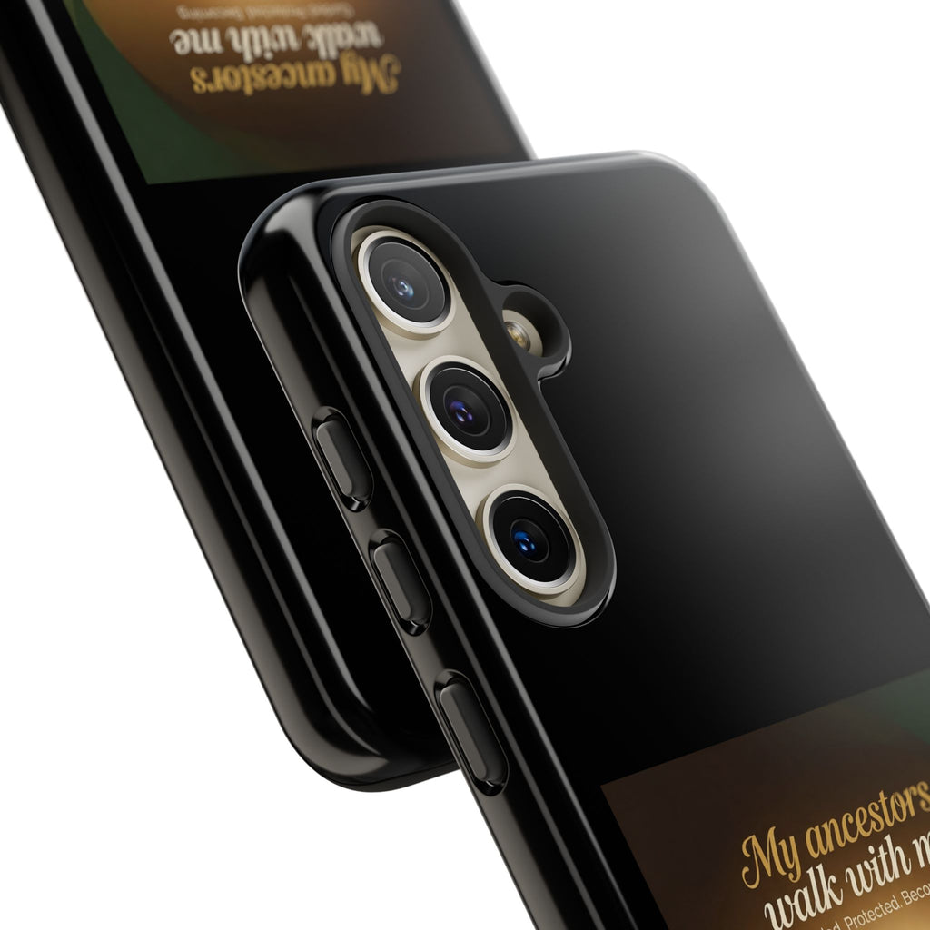 Black phone case with inspirational message honoring heritage, designed for protection and style on a smartphone.