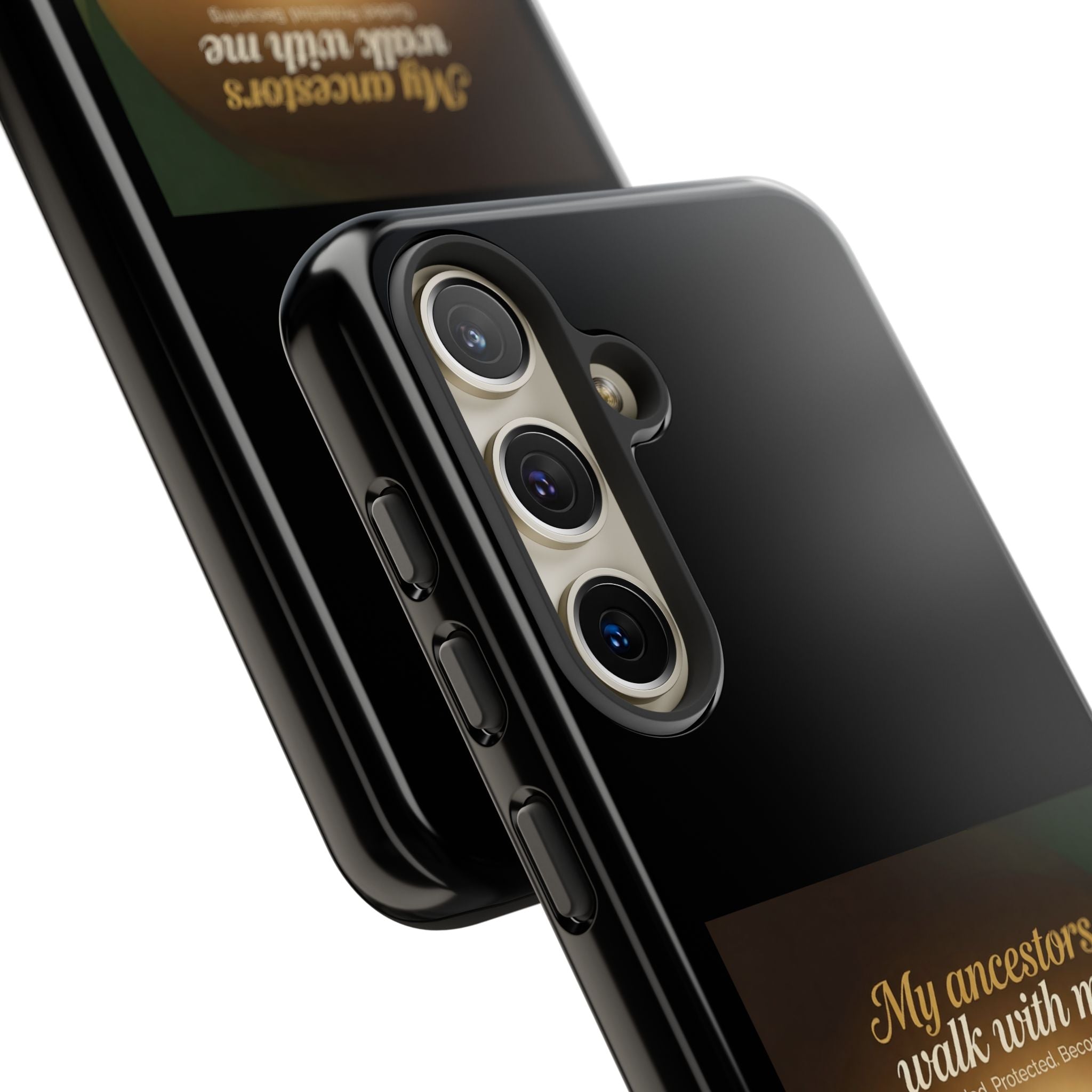 Black phone case with inspirational message honoring heritage, designed for protection and style on a smartphone.