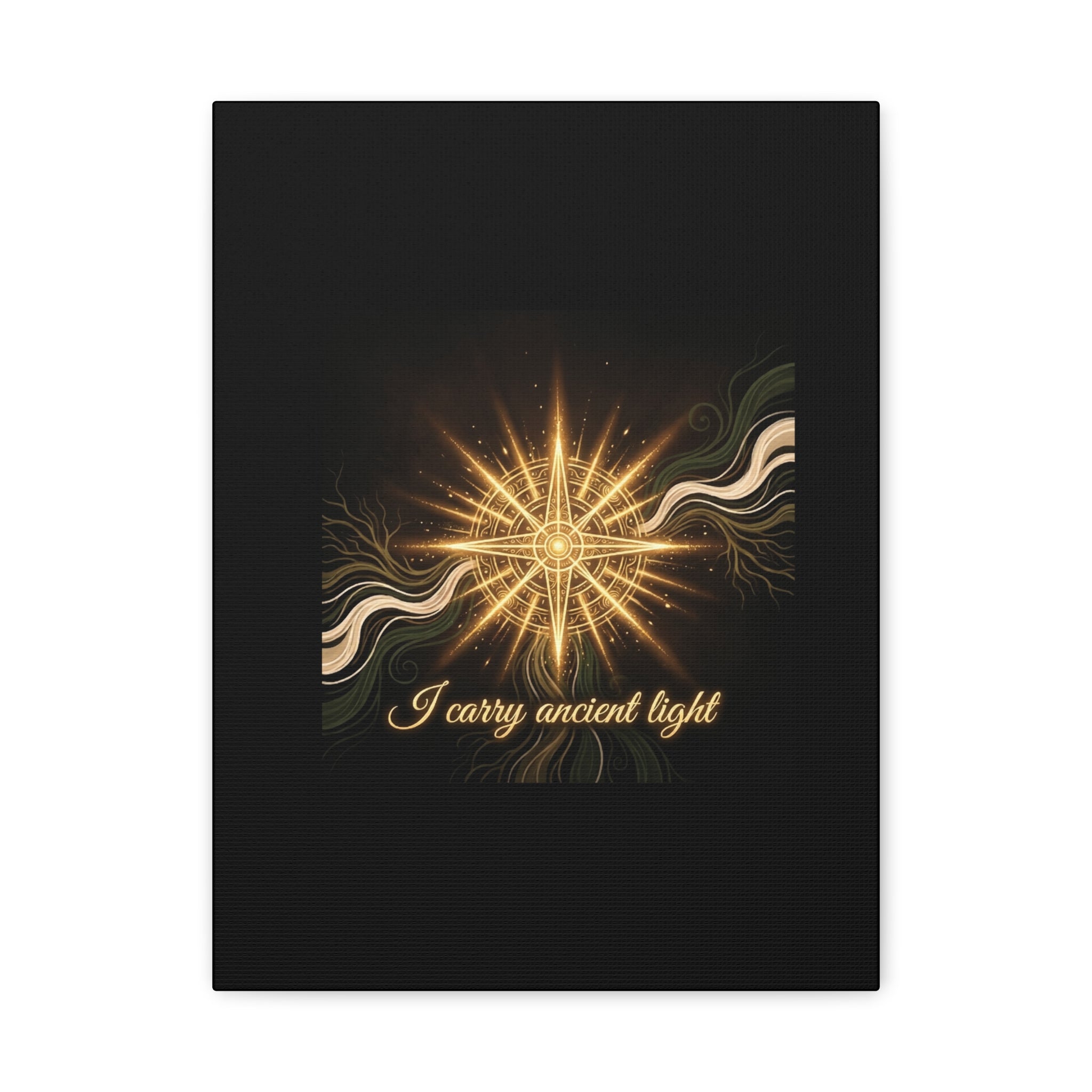 Matte canvas art titled "I Carry Ancient Light" featuring a golden compass wall decor by Printify, displayed on a neutral background.