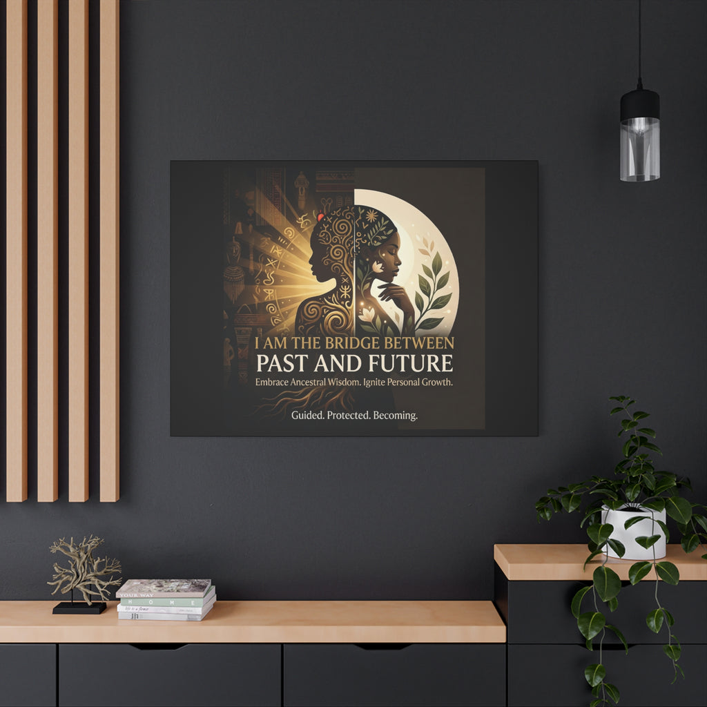 Canvas wall art titled "I Am the Bridge Between Past and Future" by Printify, featuring abstract design and vibrant colors.