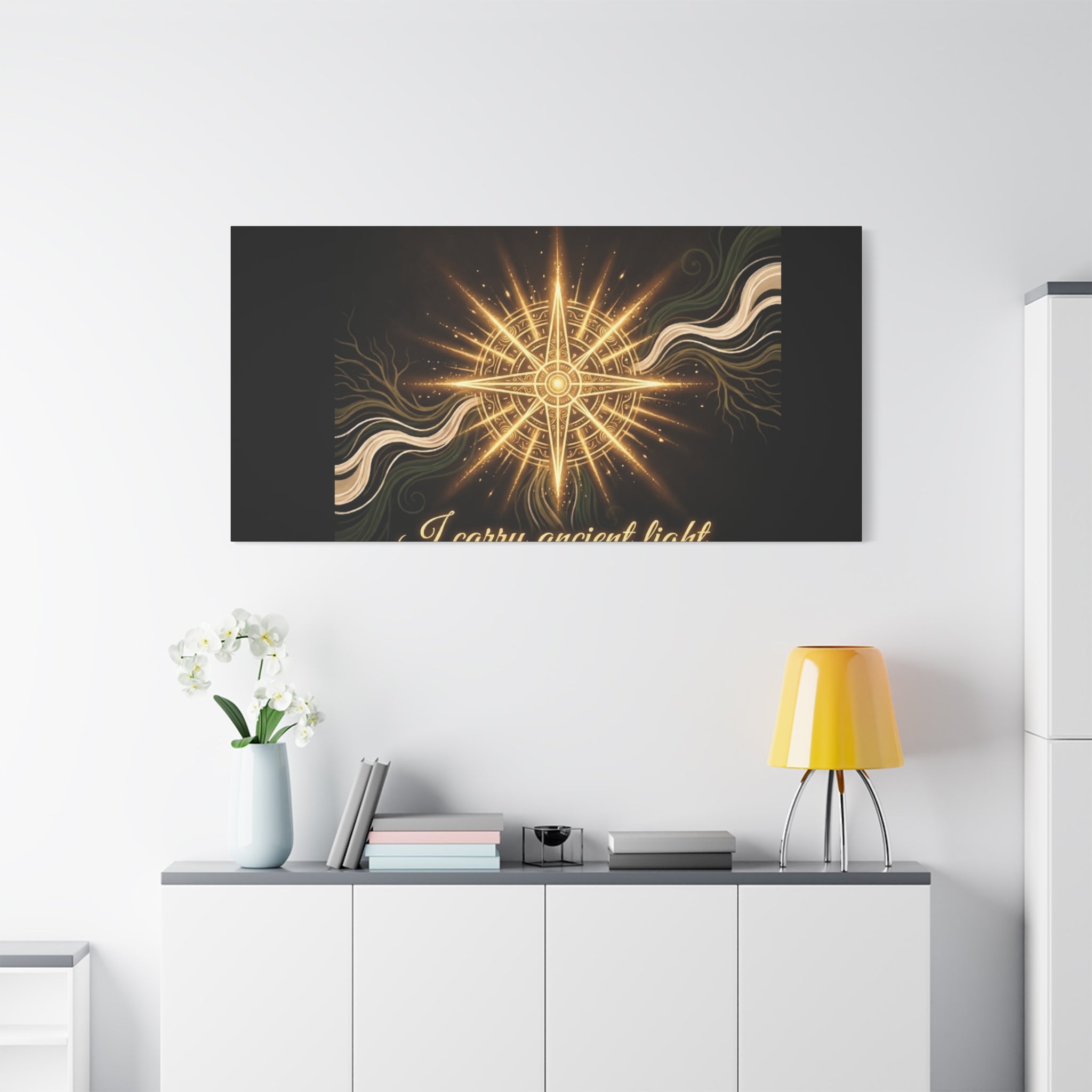 Matte canvas wall art titled "I Carry Ancient Light" featuring a golden compass design, ideal for home decor.