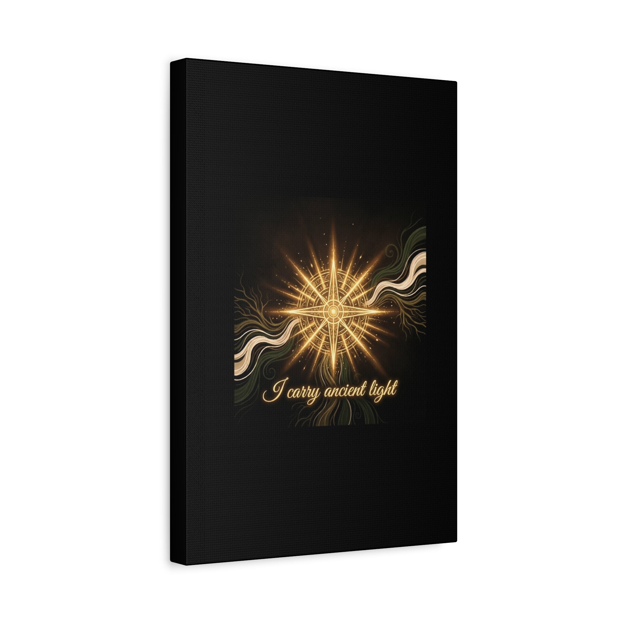 Matte canvas wall art featuring a golden compass design titled "I Carry Ancient Light" by Printify for elegant home decor.