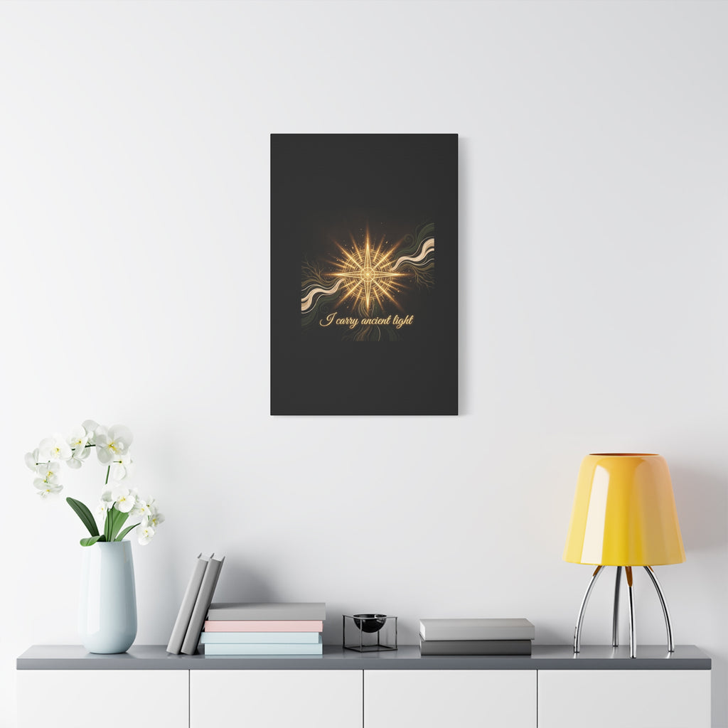 Matte canvas wall art titled "I Carry Ancient Light" featuring a golden compass design, suitable for home decor.