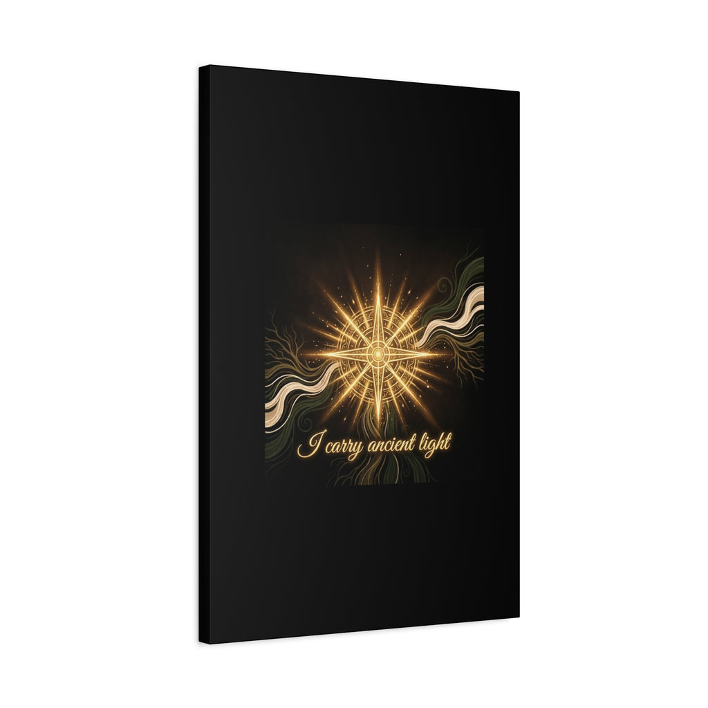 Matte canvas wall art titled "I Carry Ancient Light" featuring a golden compass design, ideal for wall decor.