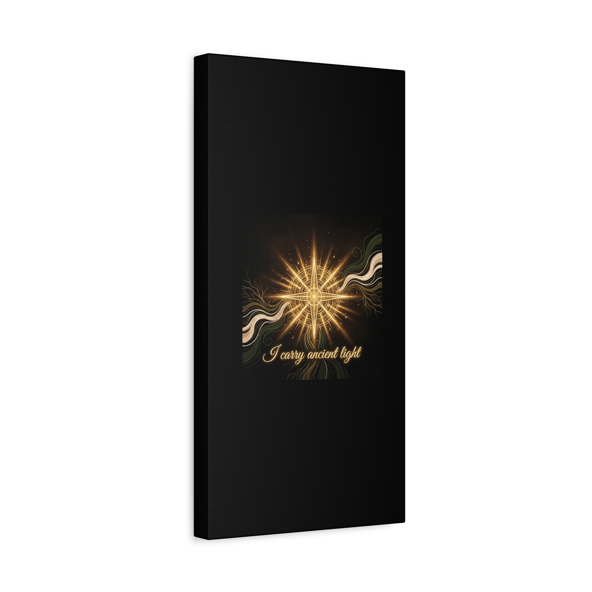 Matte canvas wall art featuring a golden compass design titled "I Carry Ancient Light" by Printify for elegant home decor.