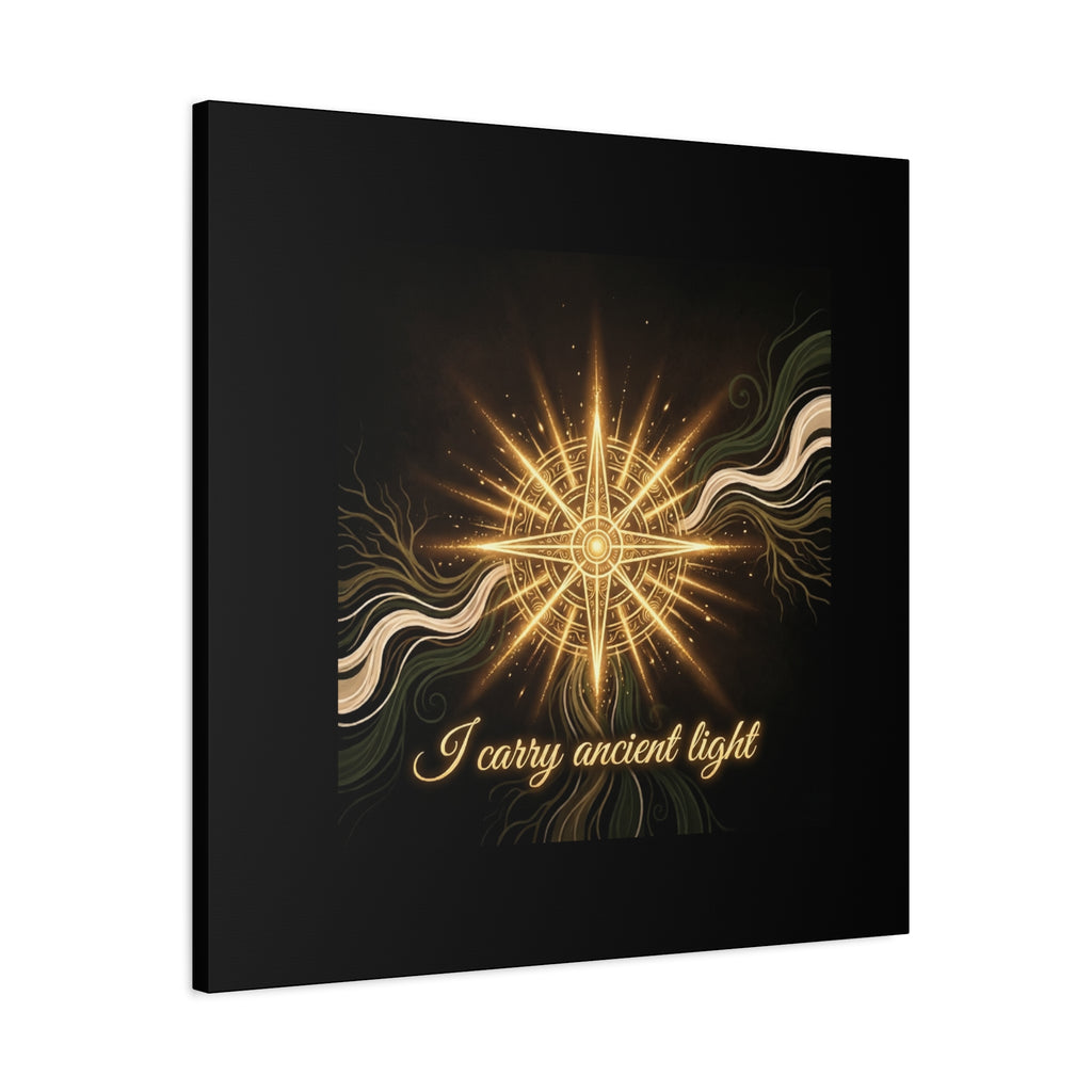 Matte canvas wall art titled "I Carry Ancient Light" featuring a golden compass design, printed by Printify.