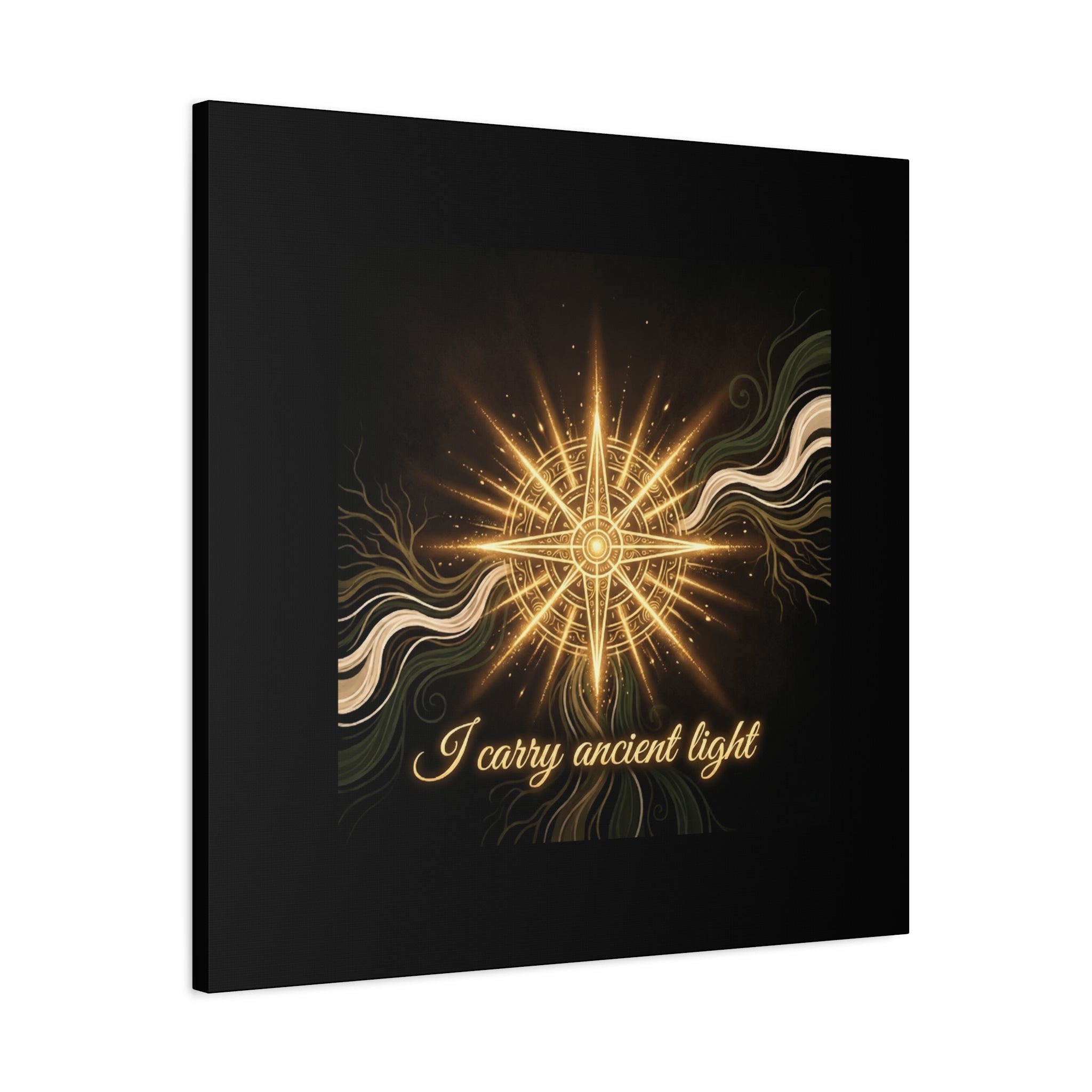 Matte canvas wall art titled "I Carry Ancient Light" featuring a golden compass design, printed by Printify.