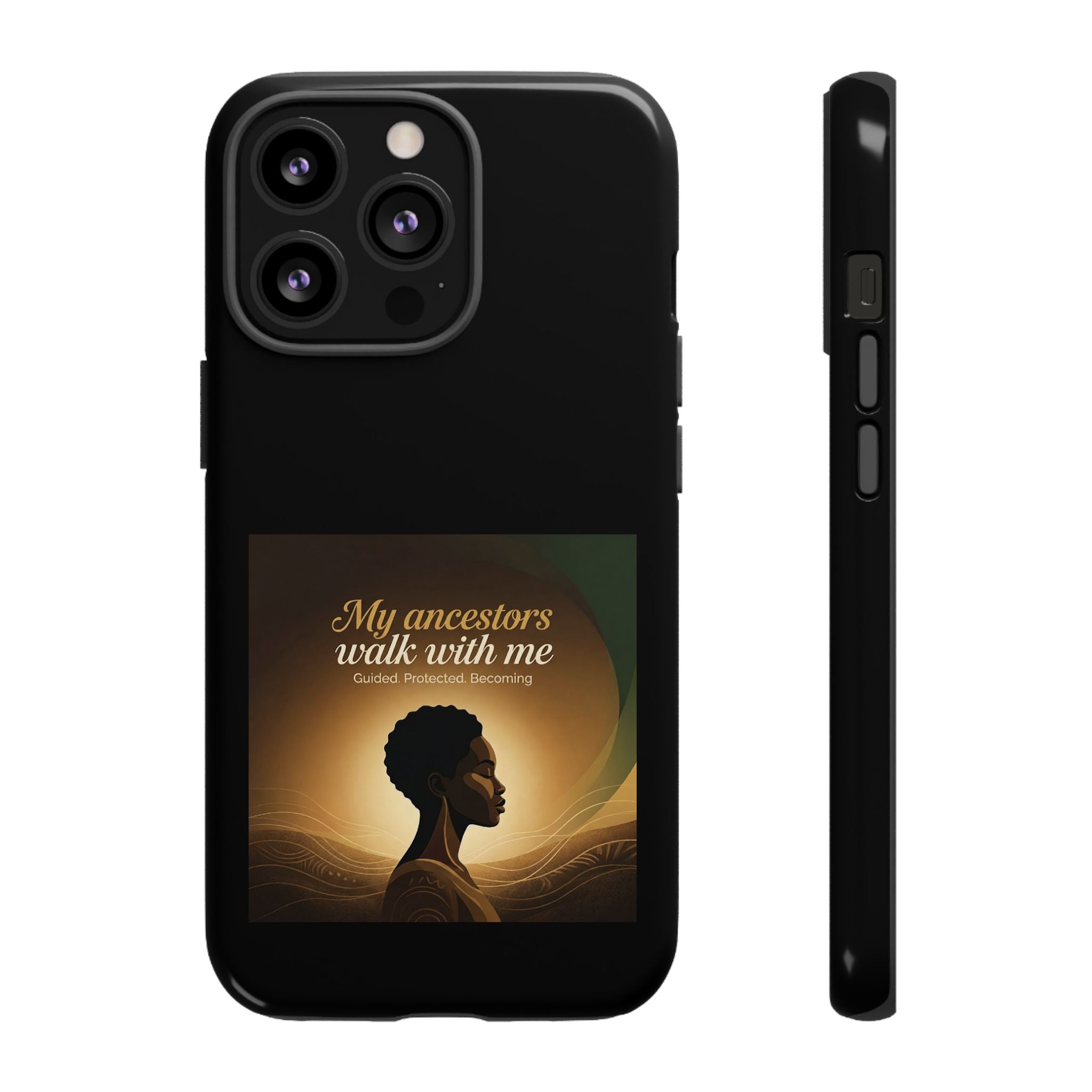 Black phone case with inspirational quote, protective cover featuring heritage design for iPhone or Android, by Printify.