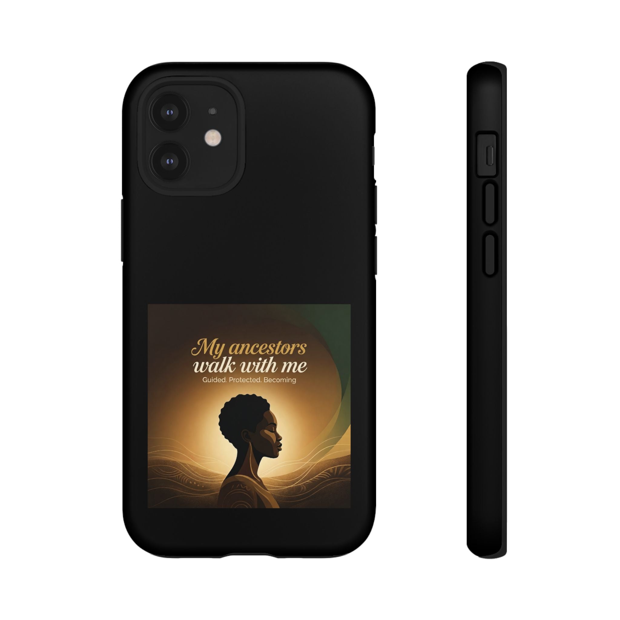 Black heritage phone case with inspirational quote, protective cover for smartphone, designed by Printify featuring cultural artwork.