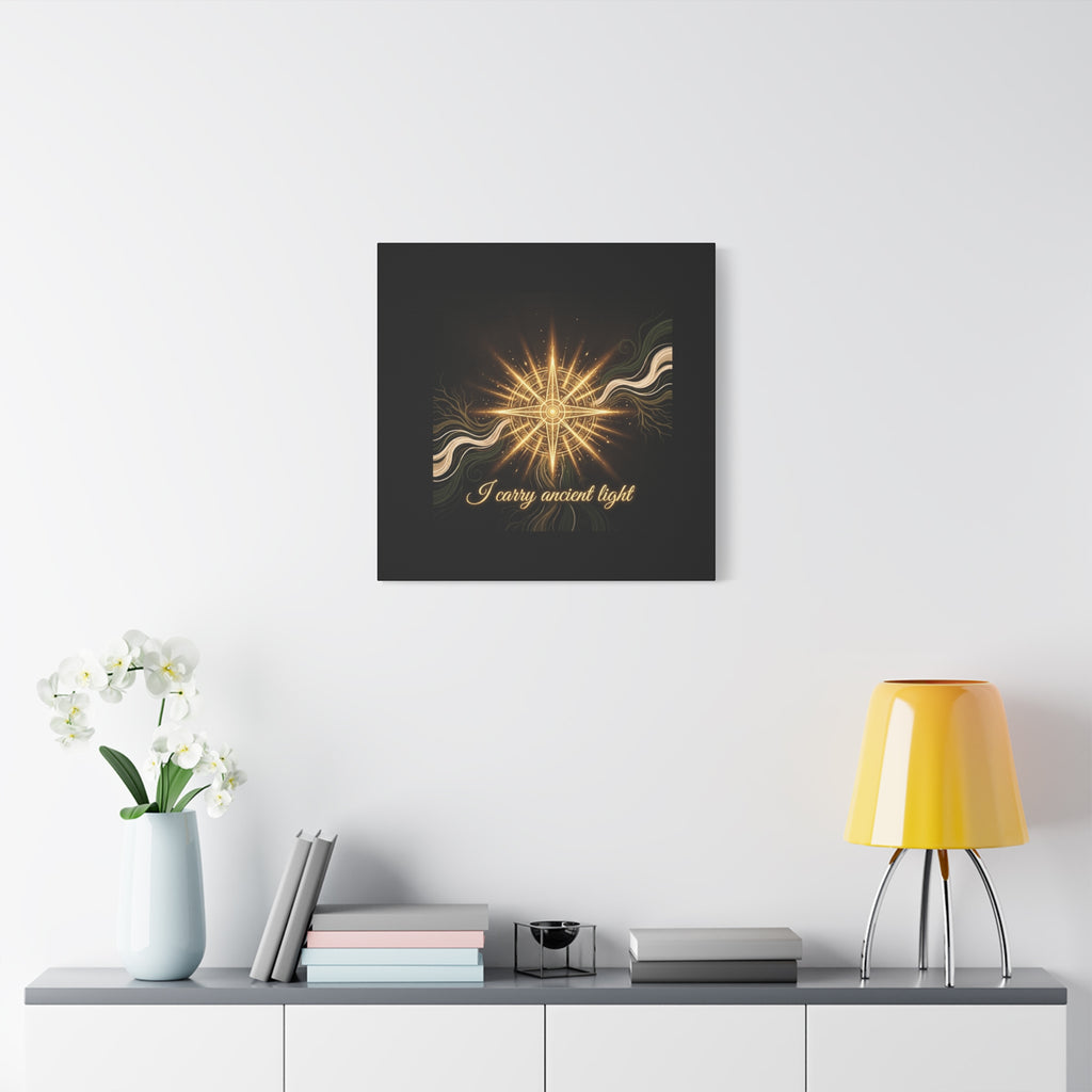 Matte canvas wall art featuring a golden compass design titled "I Carry Ancient Light" by Printify.
