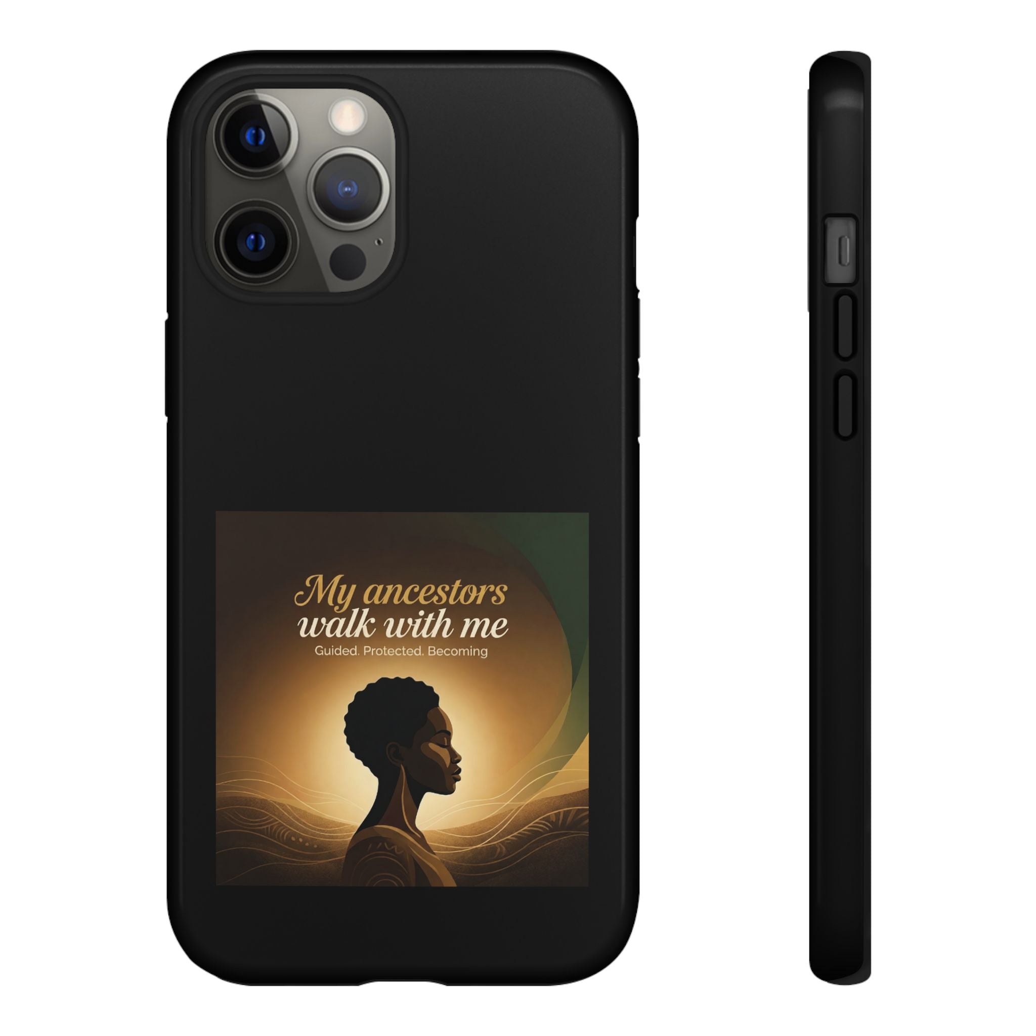 Black heritage phone case with inspirational design, protective cover for smartphones featuring meaningful, cultural artwork.