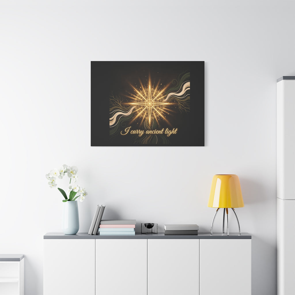 Matte canvas wall art titled "I Carry Ancient Light" featuring a golden compass design, by Printify.