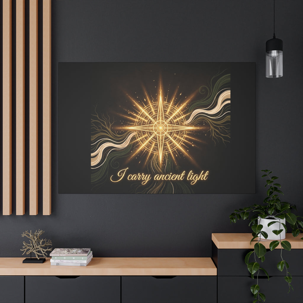 Matte canvas wall art titled "I Carry Ancient Light" featuring a golden compass design, printed by Printify.