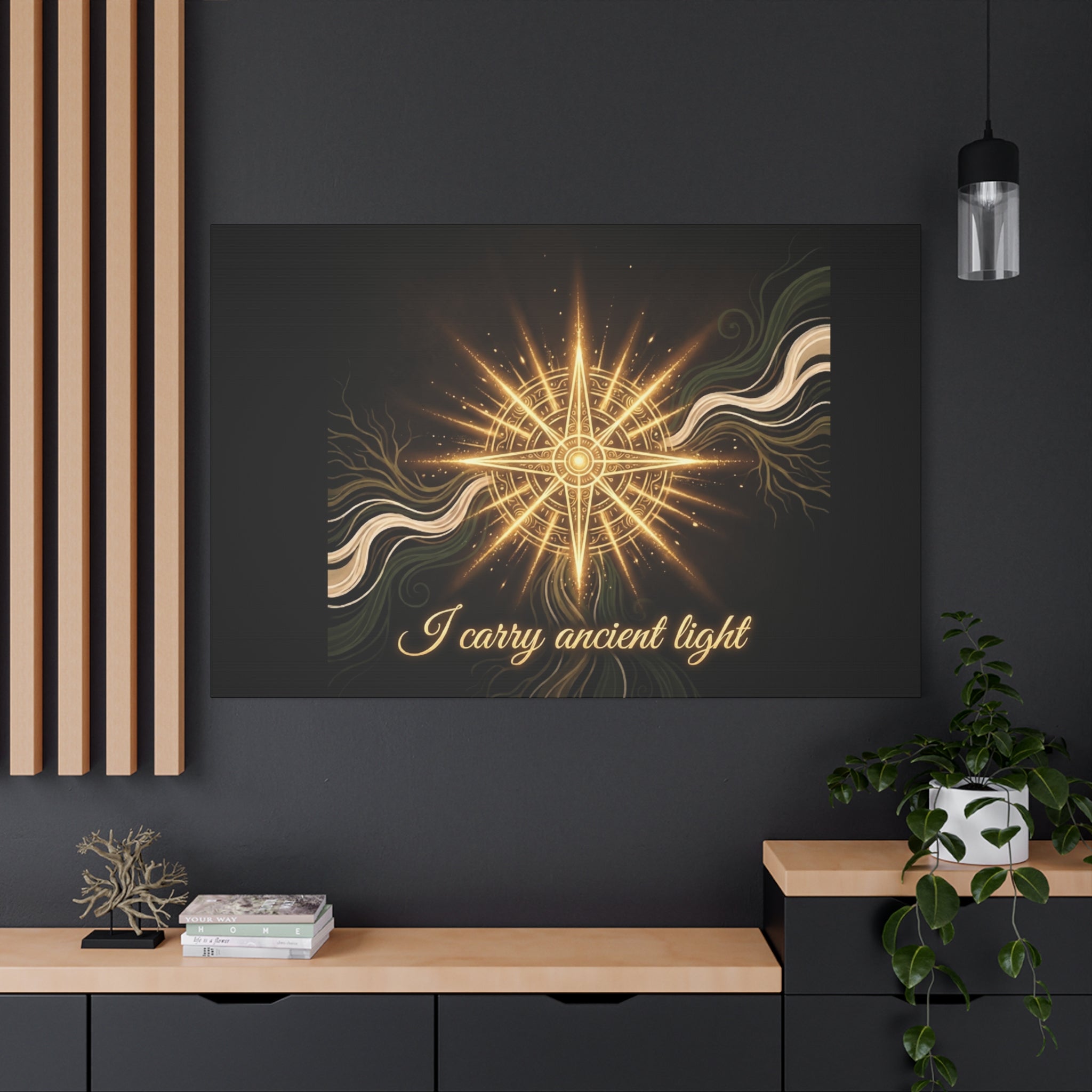 Matte canvas wall art titled "I Carry Ancient Light" featuring a golden compass design, printed by Printify.